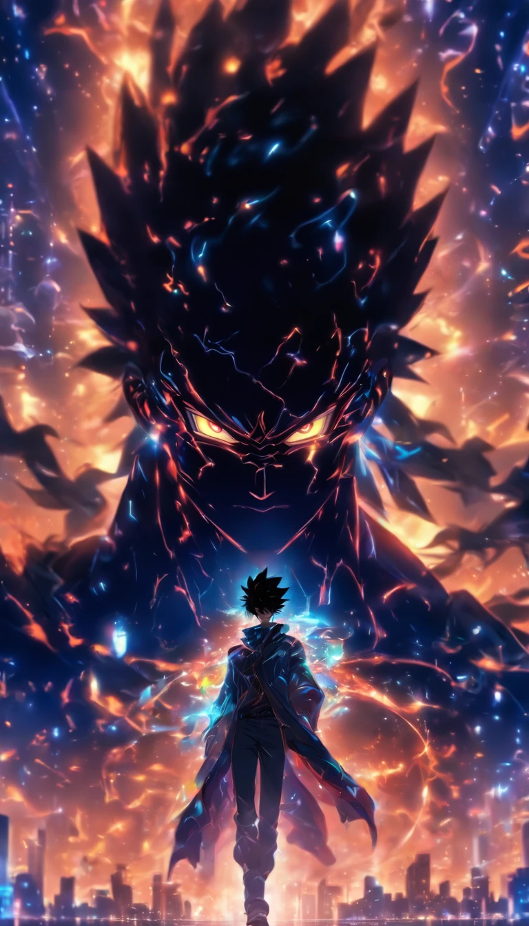 /imagine prompt: A young man, Faced with a massive black model of an algorithm with a mysterious glow and immense power, ,), Best Quality, Masterpiece, super detaill, High Details, --niji 5"