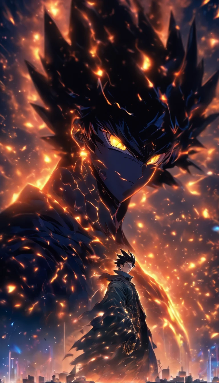 /imagine prompt: A young man, Faced with a massive black model of an algorithm with a mysterious glow and immense power, ,), Best Quality, Masterpiece, super detaill, High Details, --niji 5"