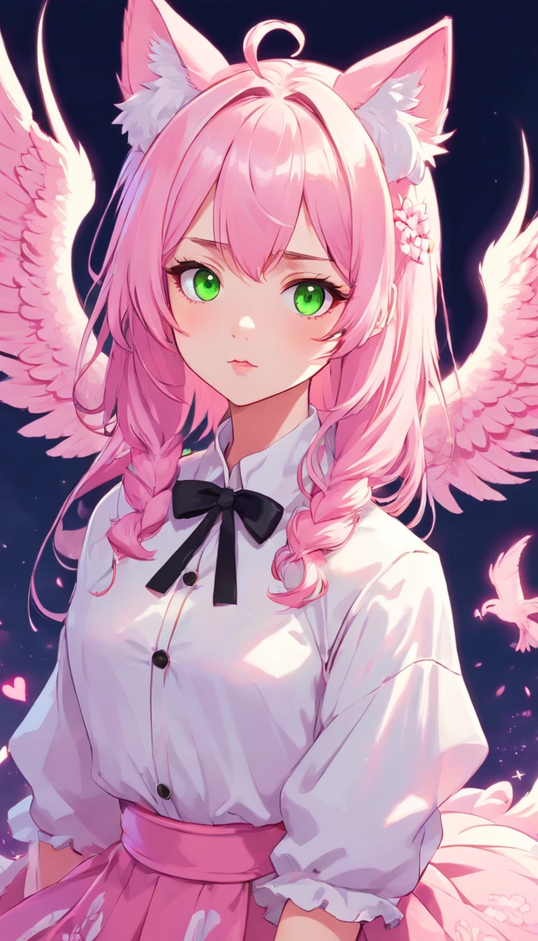 Alisa bosconovitch, melhor qualidade, contemporary, estilo plano, minimalismo, Green Eyes Flat Illustration, cabelo rosa, cabelo curto, cabelos multicoloridos, Camisa Preta, mechanical wings, Head Portrait Close-U, peito pontudo, decote, super decote, middlebreasts, Tekken，cabelo rosa pastel, 1girl, em quimono, hand-painted，Desenho de linha sem cor, colorida do yandere pastel, Tekken, Super cute pink hair girl with gothic makeup on the side, com roupa de empregada，figura esbelta，robusto，He sat on the floor，Vestido com roupas de empregada rosa e branco，cabelos muito curtos，com orelhas de gato，quadratic element，, kawaii cor-de-rosa na roupa da era de 1910, Alisa Bosconovich pink lips, no estilo da paleta de cores suave aurorapunk, an anime illustration of his face, gifs animados, hand drawn animation, charming sketches, suave e brilhante, romantismo nebuloso, Estilo Superflat, fundo branco - ar 1:1 - niji 5 - estilo expressivo --s 50 ,Pink kawaii girl in the era of 1920s clothesPink eagles, vestindo uma camisa branca brilhante, no estilo da paleta de cores suave aurorapunk, an anime illustration of his face, gifs animados, hand drawn animation, charming sketches, suave e brilhante, romantismo nebuloso, Estilo Superflat, fundo branco - ar 1:1 - niji 5 - estilo expressivo --s 50, Absurdo, Altas, ultra detalhados, (1girl:1.3), quebrar , Crie uma imagem com uma bela caligrafia, com letras expressivas, floreios elegantes e um senso de habilidade e habilidade, Dragon Menor，garota，Hands on arms