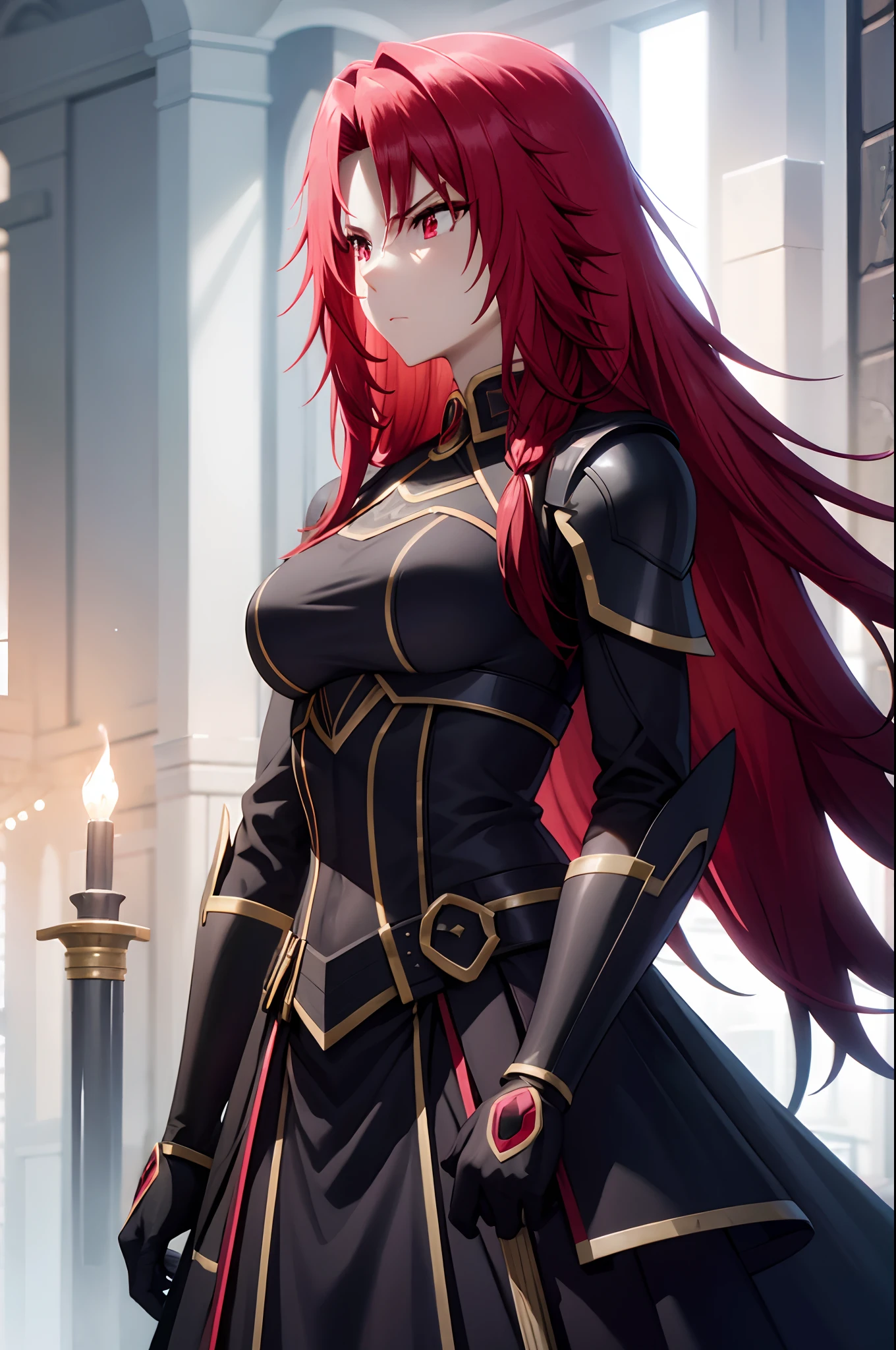 balck armor, glowing pink, long hair, sword, glowing sword, masterpiece, best quality, upper body, portrait,RED HAIR,RED EYES