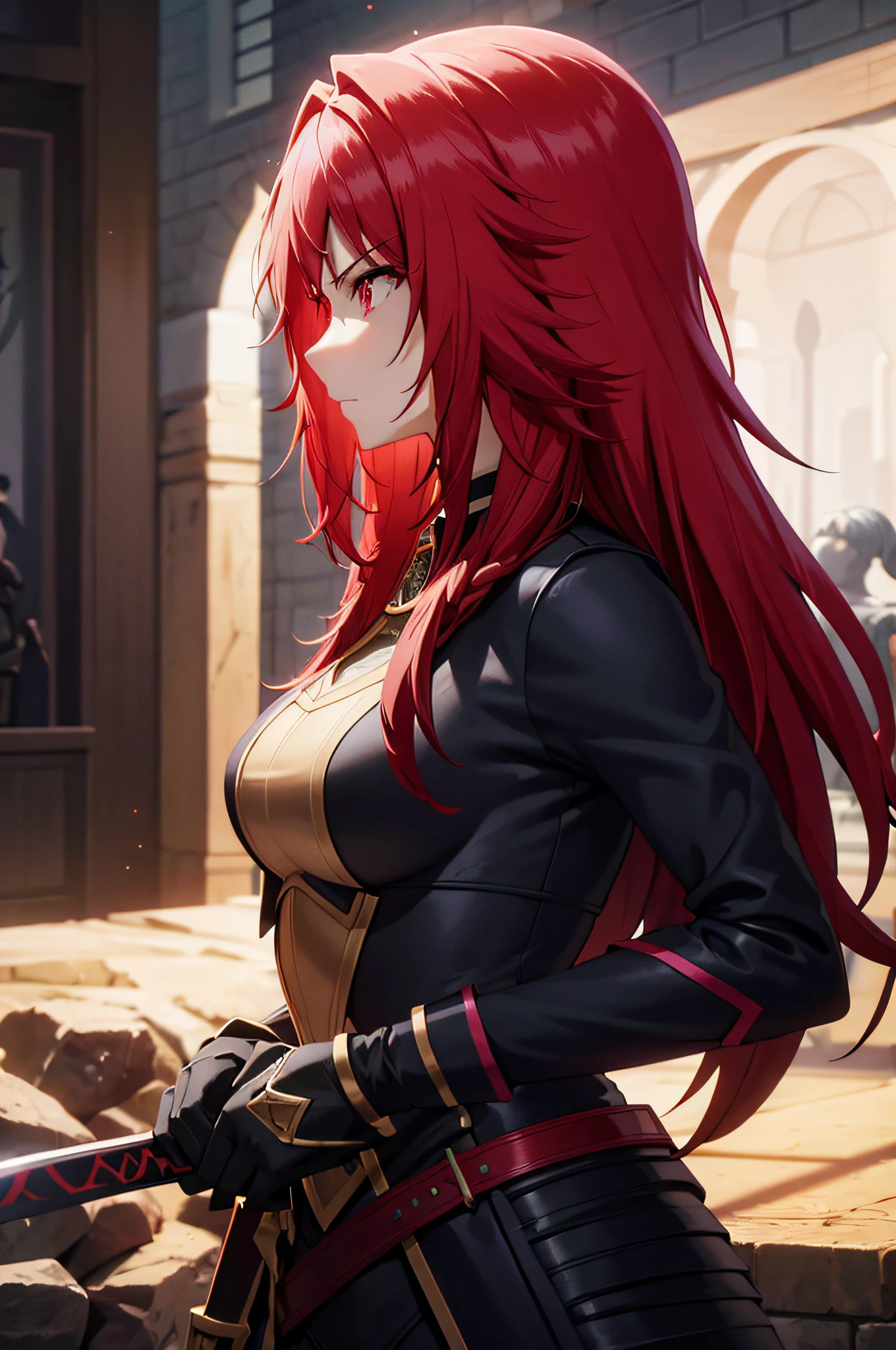 balck armor, glowing pink, long hair, sword, glowing sword, masterpiece, best quality, upper body, portrait,RED HAIR,RED EYES