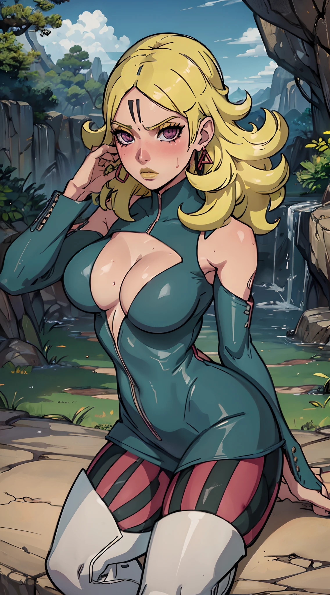 (melhor qualidade:1.3), (qualidade 4k), Delta por Boruto, ((Rosto detalhado)), ((Curvilinear Line)),((corar)), (peitos grandes), clivagem, sexy, sunlight, ((sentado)), blushing, sweating