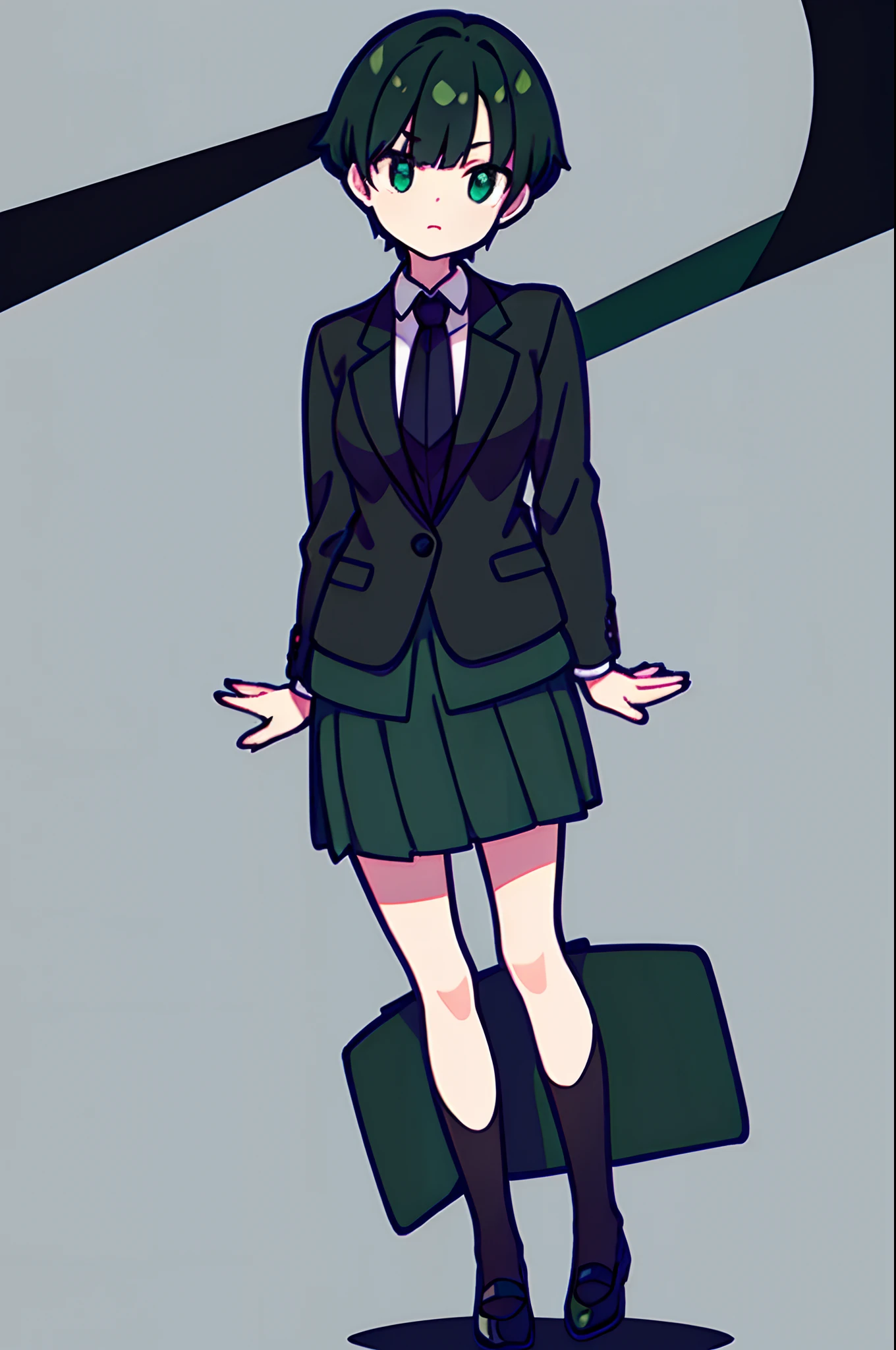 Short green-black haired girl in skirt and formal attire