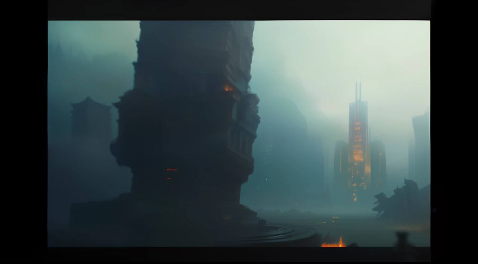 In the distance you can see a tall tower with a burning lantern, 2 0 2 1 Кинематографический 4 K FrameGrab, Ghost in the VFX pool, Cinematic sci-fi shot, Blade Runner with 4K resolution, Ruins of a giant statue of the head, Matte painting of the human mind, An ethereal shot, Sci-fi cinematic film