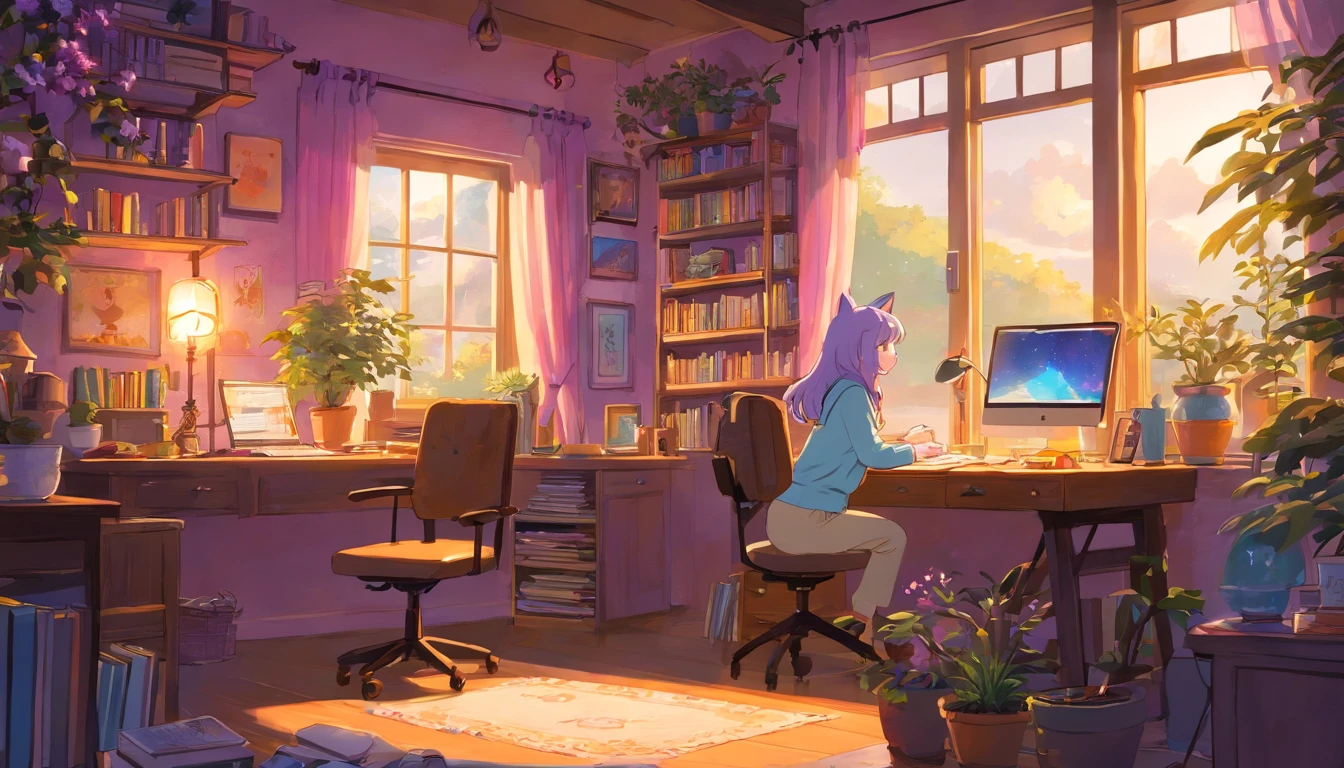 evening, nightfall.The girl leaned back in her chair in a resting position,Low-Fi Atmosphere,Calm and relaxed atmosphere,Cozy room with warm lighting,Vintage style illustration,Soft & Muted Colors,Cute anime character,Retro computer monitor and keyboard,Over-ear headphones,coffee mug,Cat silit on the windowsill. Smiling face with rosy cheeks,Keyboard with multi-colored keycaps,Ornamental plants on the table,Fairy lights in the background,Art posters on the wall,Soft Light, flowing through the window,Quiet and peaceful environment,Inspiring and creative atmosphere,Retro aesthetics,Relaxing music, playing in the background,Comfortable chair and ergonomic environment,desk, littered with art notebooks and stationery,Stylish & Unique Desktop Wallpapers,bookshelf, filled with books and vinyl records,A creative workspace with a personal touch,A neat and organized table, Lava lamp on the table. Inspirational Quotes on the Wall,The soothing scent of a lavender candle,Bright and cheerful personality,Positive and goal-oriented attitude,A joyful and contented expression,Beautiful detailed eyes and lips,Happy and productive mood,Motivation to complete tasks,Attention to detail in every stroke,Fantasy and creativity in her work,artistic atmosphere, that inspires others.