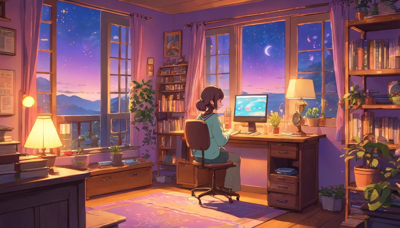 evening, nightfall.The girl leaned back in her chair in a resting position,Low-Fi Atmosphere,Calm and relaxed atmosphere,Cozy room with warm lighting,Vintage style illustration,Soft & Muted Colors,Cute anime character,Retro computer monitor and keyboard,Over-ear headphones,coffee mug,Cat silit on the windowsill. Smiling face with rosy cheeks,Keyboard with multi-colored keycaps,Ornamental plants on the table,Fairy lights in the background,Art posters on the wall,Soft Light, flowing through the window,Quiet and peaceful environment,Inspiring and creative atmosphere,Retro aesthetics,Relaxing music, playing in the background,Comfortable chair and ergonomic environment,desk, littered with art notebooks and stationery,Stylish & Unique Desktop Wallpapers,bookshelf, filled with books and vinyl records,A creative workspace with a personal touch,A neat and organized table, Lava lamp on the table. Inspirational Quotes on the Wall,The soothing scent of a lavender candle,Bright and cheerful personality,Positive and goal-oriented attitude,A joyful and contented expression,Beautiful detailed eyes and lips,Happy and productive mood,Motivation to complete tasks,Attention to detail in every stroke,Fantasy and creativity in her work,artistic atmosphere, that inspires others.