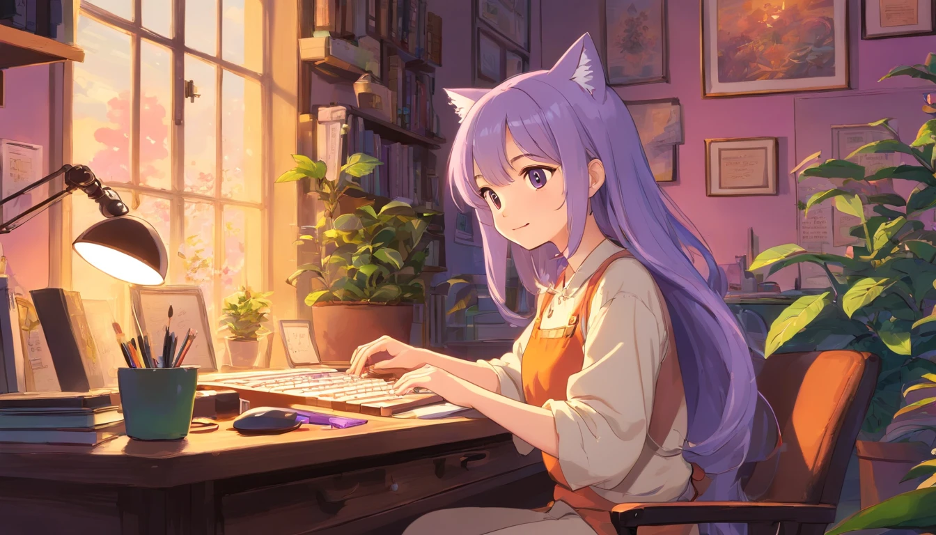 evening, nightfall.The girl leaned back in her chair in a resting position,Low-Fi Atmosphere,Calm and relaxed atmosphere,Cozy room with warm lighting,Vintage style illustration,Soft & Muted Colors,Cute anime character,Retro computer monitor and keyboard,Over-ear headphones,coffee mug,Cat silit on the windowsill. Smiling face with rosy cheeks,Keyboard with multi-colored keycaps,Ornamental plants on the table,Fairy lights in the background,Art posters on the wall,Soft Light, flowing through the window,Quiet and peaceful environment,Inspiring and creative atmosphere,Retro aesthetics,Relaxing music, playing in the background,Comfortable chair and ergonomic environment,desk, littered with art notebooks and stationery,Stylish & Unique Desktop Wallpapers,bookshelf, filled with books and vinyl records,A creative workspace with a personal touch,A neat and organized table, Lava lamp on the table. Inspirational Quotes on the Wall,The soothing scent of a lavender candle,Bright and cheerful personality,Positive and goal-oriented attitude,A joyful and contented expression,Beautiful detailed eyes and lips,Happy and productive mood,Motivation to complete tasks,Attention to detail in every stroke,Fantasy and creativity in her work,artistic atmosphere, that inspires others.