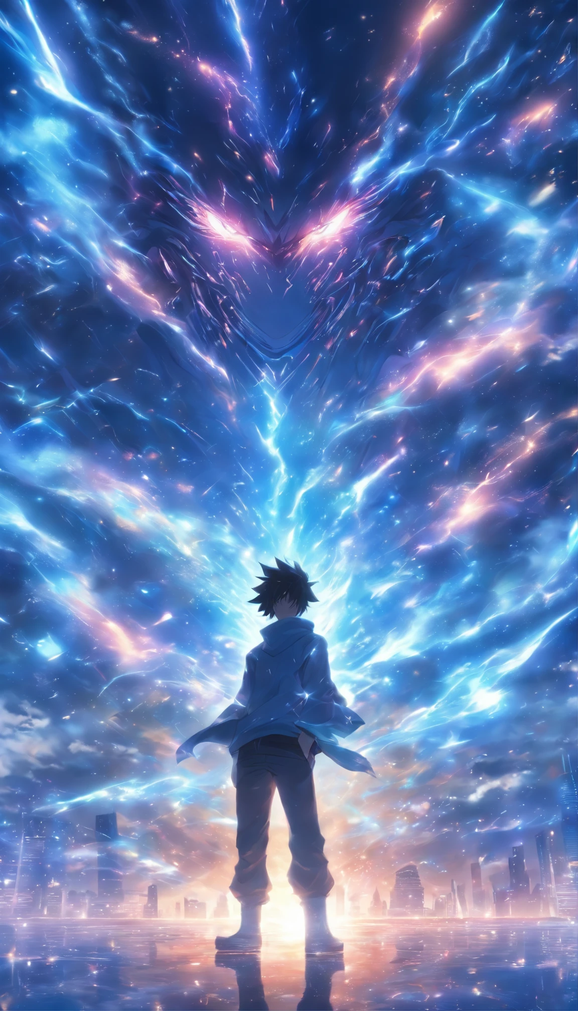 /imagine prompt: A young man, facing a massive black algorithm model with a mysterious glow and immense power, ,32k, best quality, masterpiece, super detail, high details, by Makoto Shinkai ,in the style of the stars art group xing xing, --niji 5"