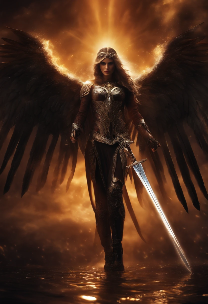Nesthor Cosmic Fallen Angel, olhos claros brilhantes, Biomechanicals, sword in hand, estranho, assustador, Pesadelo, cores muito brilhantes, light particles, com luz brilhante, Mshiff, Arte do papel de parede, Papel de parede UHD