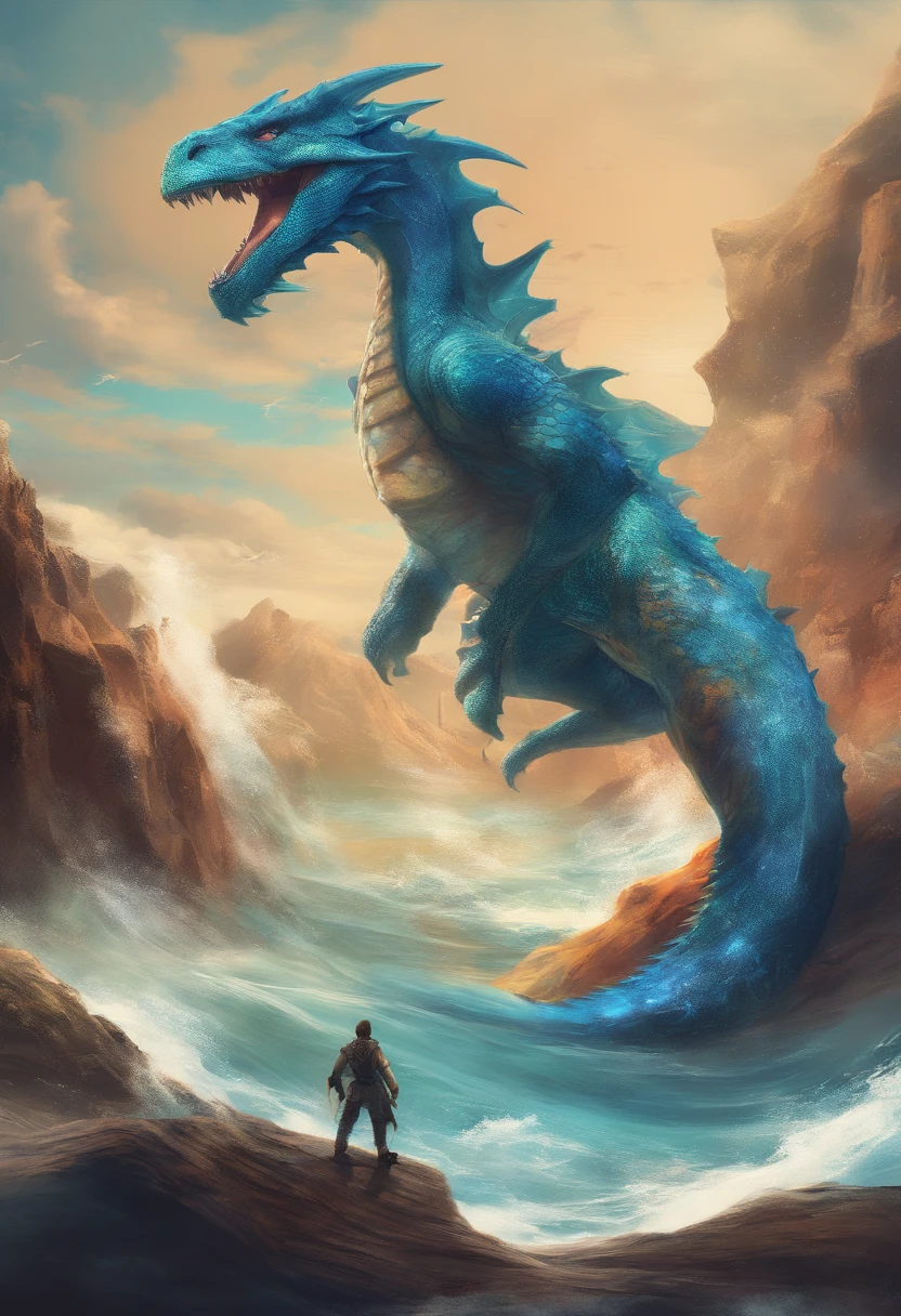 China-style，Chinese mythology，Dragon turtle，Longhorn faucet，Turtle body，Heavy tortoiseshell shell，The tail of the snake grows out，has horns on its head，tosen，Ferocious，gargantuan，The eyes glow blue light，the sea，Huge waves，surrounded by cloud，中景 the scene is，Full body like， highly detailed surreal vfx，oc rendered， - AR 16:9 --q 2 --s 1000