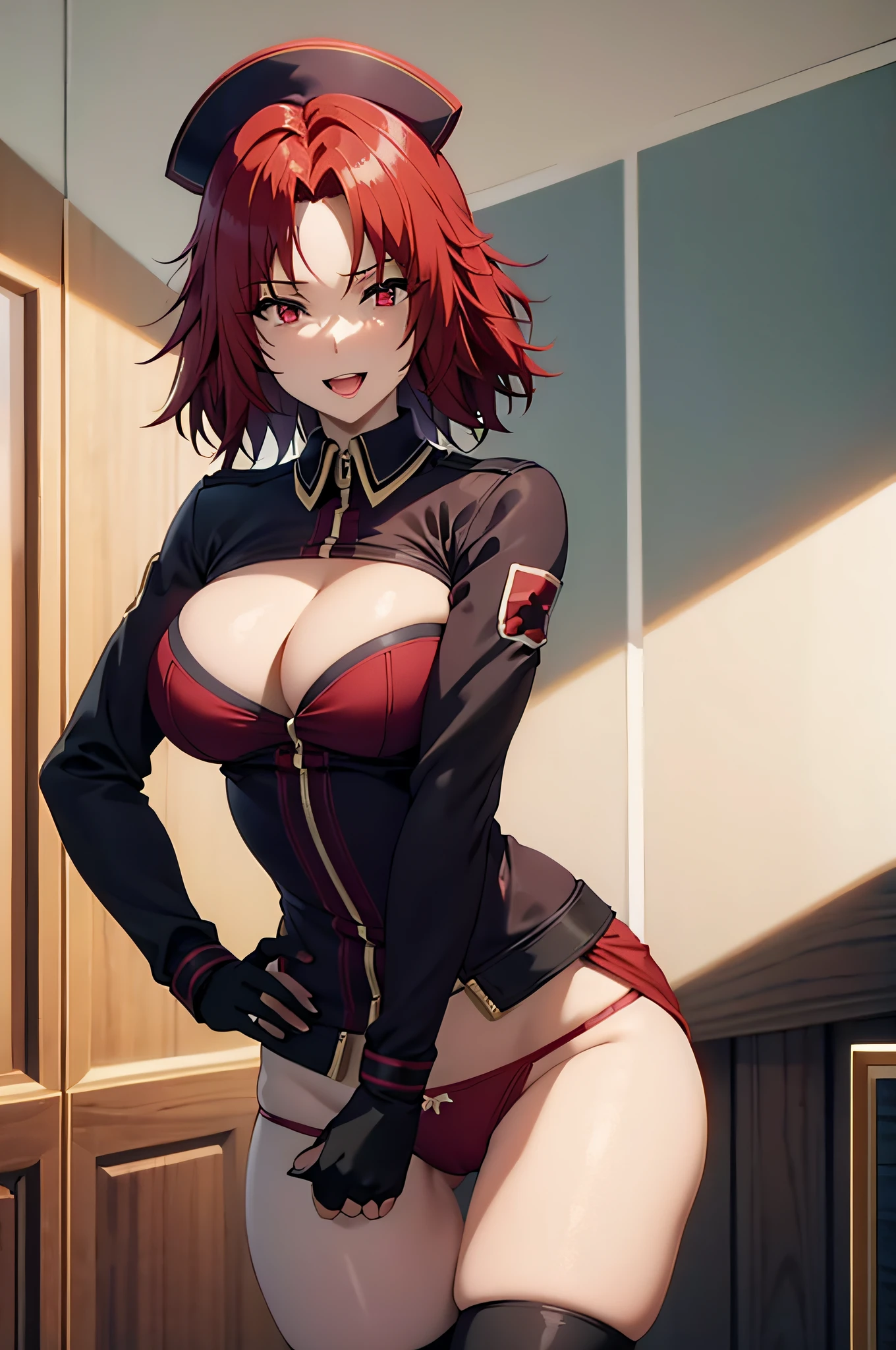 RED HAIR,RED EYES, short hair 1girl, thighs, clothing cutout, from below, ass visible through thighs, breasts, hat, open mouth, cleavage, green panties, nurse, cleavage cutout, smile, brown hair, solo, large breasts, tongue, tongue out, short hair, thighhighs, nurse cap, hands on hips, lips, underwear, masterpiece, best quality,