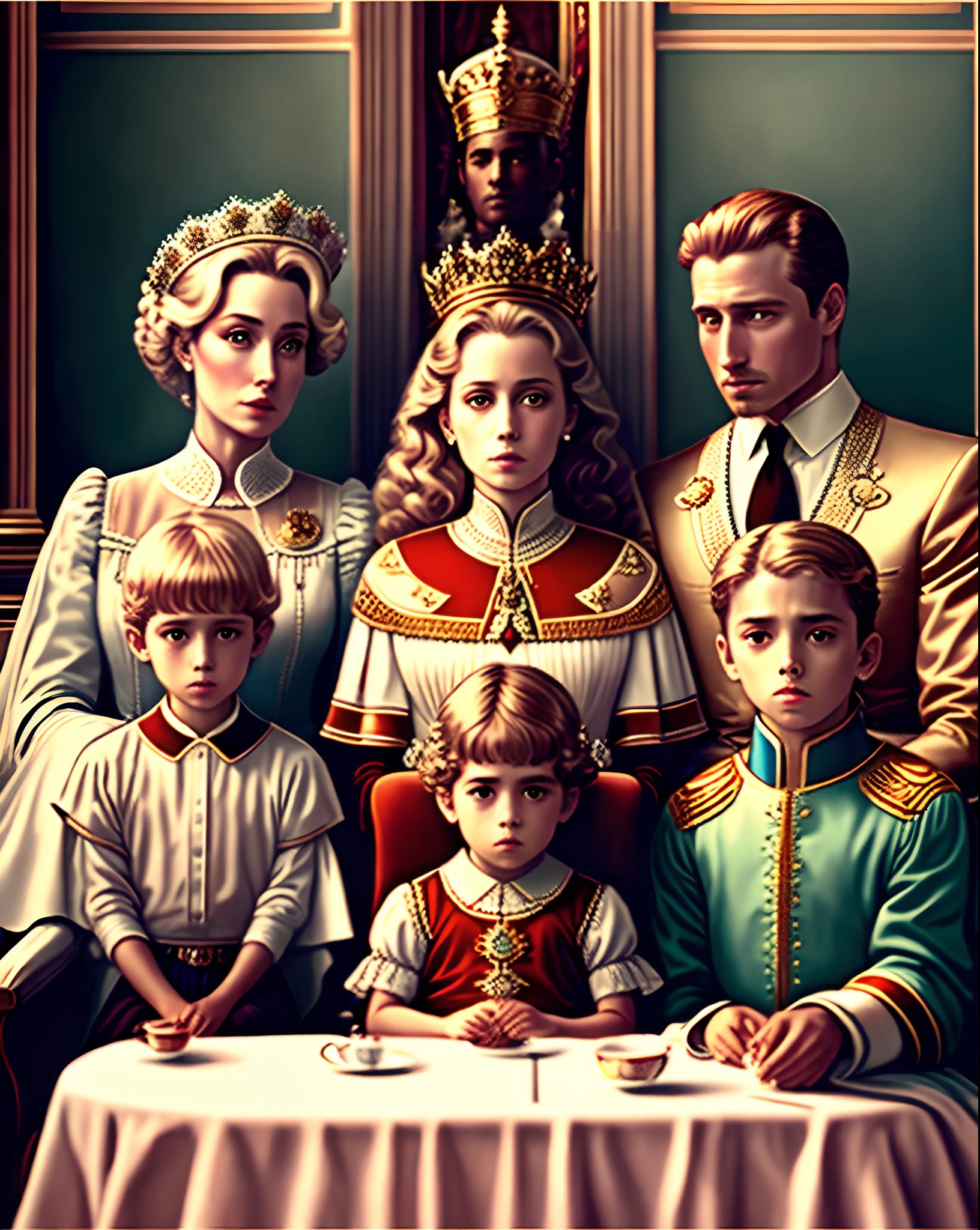 A royal family sitting next to each other and this family of three, the king, the queen and the prince (son) sitting next to each other and looking at Dubin.. I want for the book.