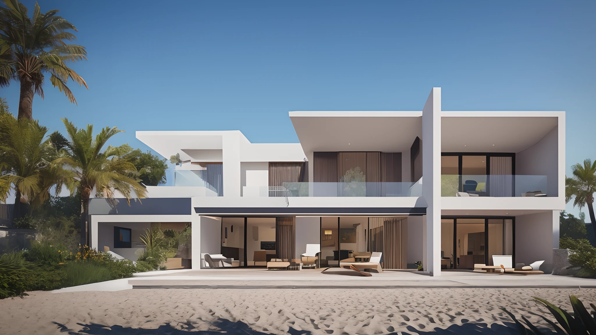 architecture interior, villa, beach side, furnitures, detailed, 3d render, 8k, vray render, photorealistic, hyperrealistic, hyperrealism, sunshine, corona render, architecture, facade, landscaping, professional photography, kodak film, f/1. 4, 85mm, little scratches, inperfections, depth of field, --auto --s2
