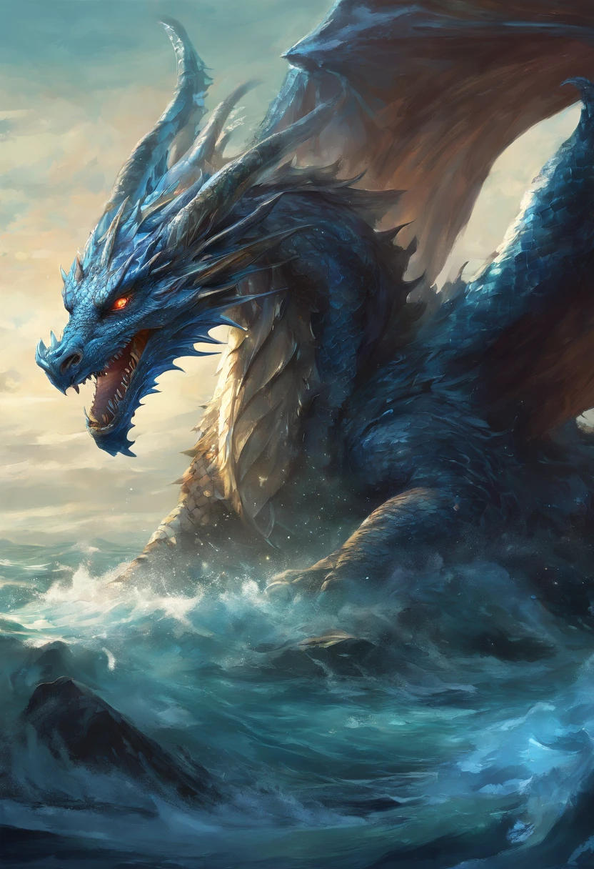 A dragon with a huge body and a leader-like presence emerges from the depths of the ocean, its heavy tortoiseshell shell glistening in the light. Its long tail gracefully sways through the blue swell sea. The dragon is rendered with exceptional detail using occlusion rendering techniques. The artwork has a super-fine level of intricacy, ensuring every scale and feature is meticulously captured. The image is of high quality, boasting a high resolution that showcases the dragon's majestic figure.