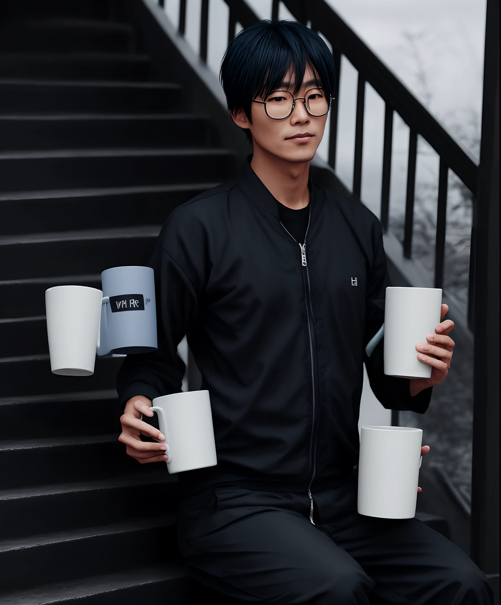 hyper realistic tall adult Satoru Gojo with bright light blue eyes and white hair sitting on stairs while it’s raining but the rain doesn’t touch him and he looks sad and he is wearing black round tea shades and a all black Japanese school uniform and white Air Force 1’s and he’s holding a white cup with glowing purple juice in it