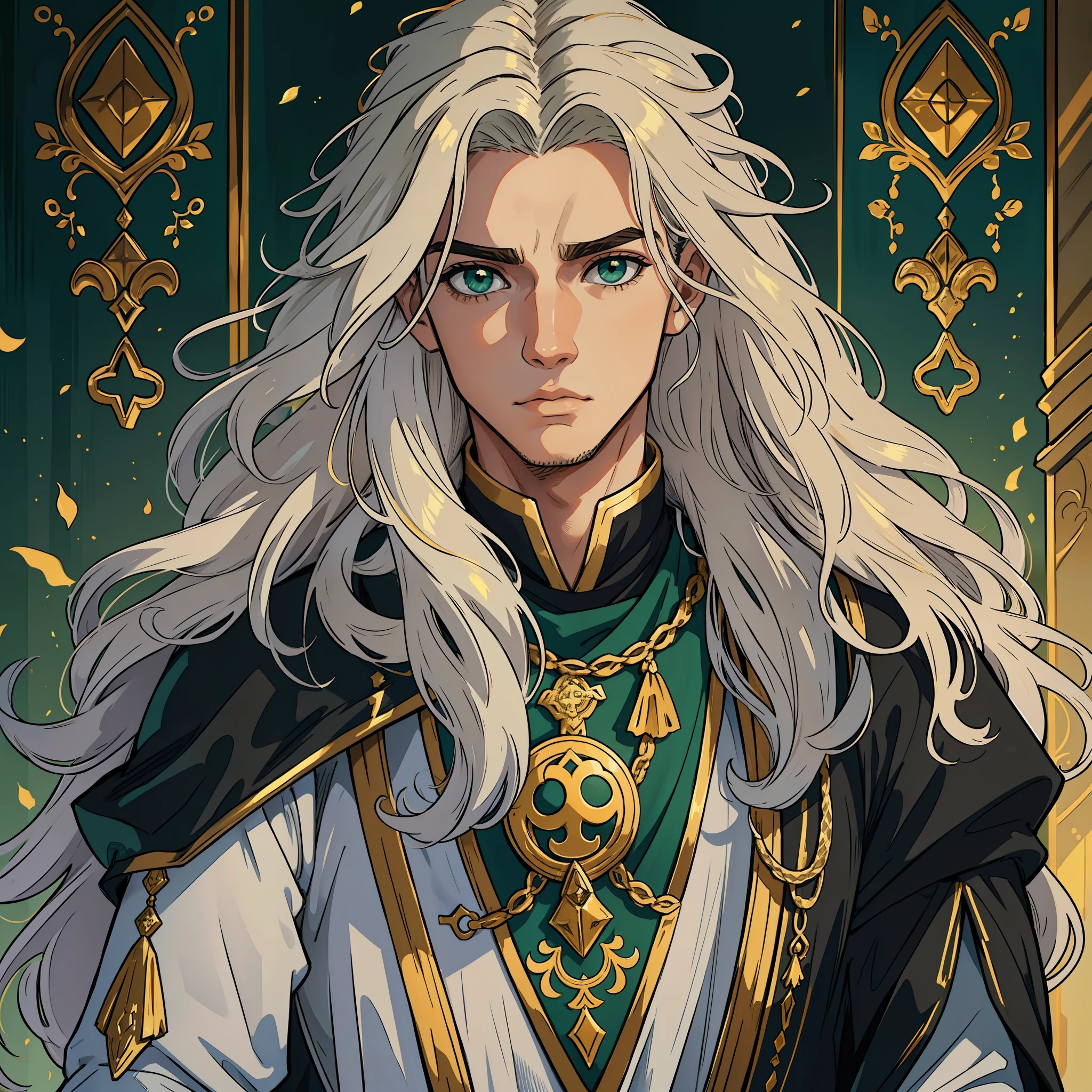 Um jovem branco, que tem olhos verdes, um olhar determinado, longos cabelos brancos, lindo cabelo lisos branco, Black and green tunic with gold details, Golden coat of arms on tunic, This man is beautiful and also has the essence of a snake that surrounds him, arte de RPG medieval