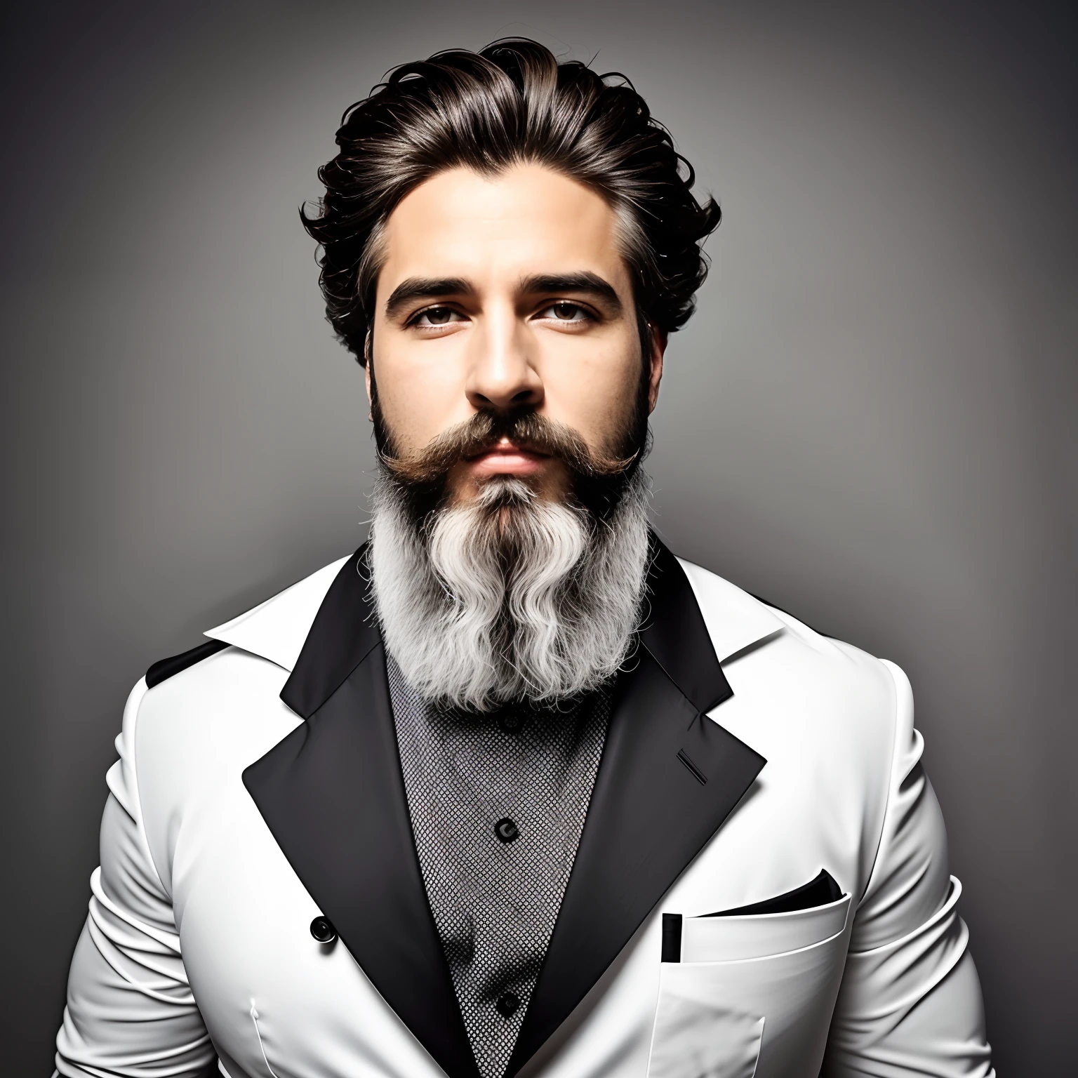 A close-up of a forty-year-old man with a beard, cabello y barba plateados, canas y barba, labios perfectamente visibles, Hombre de cabello gris oscuro, barba gris, barba gris, algunas canas en la barba, barba gris recortada, Barba llena de plata, pelo blanco y barba, barba blanca y cabello limpios, guapo impresionante realista, Modelo bien arreglado