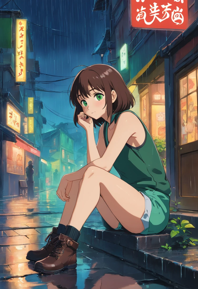 1fille, peau brune, cheveux verts courts, yeux bruns, Wear a black tank top, porter du noir_veste en cuir vert, Pantalon en cuir noir, assis sur la moto, Listen to the music, La nuit, Bottes en cuir noir, Rue de la ville, wet ground from rain, tomber, la nuit, Neon sign in the background, beau, absurdes, high resolucion, Ultranet, 8k, Masterpiece, Regarder le spectateur.
