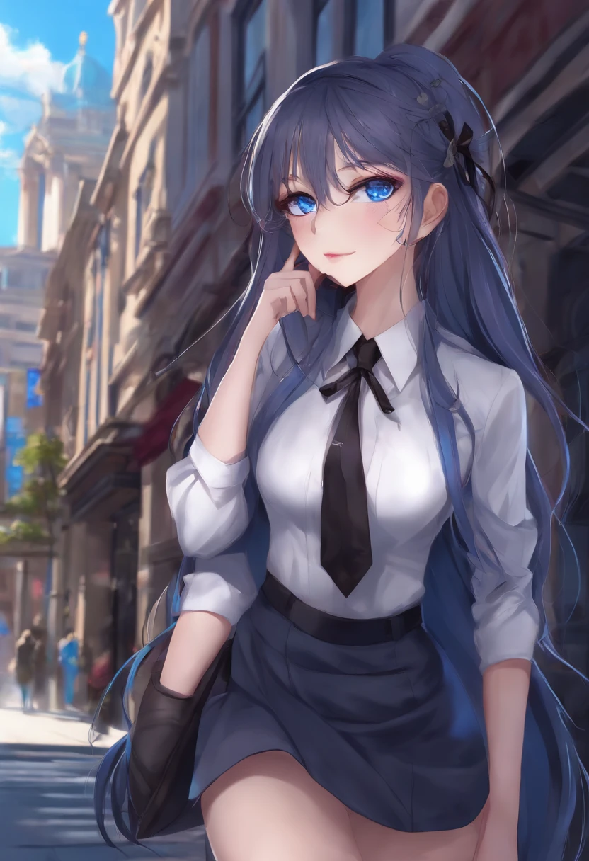 Anime girl standing on city street with long hair and blue eyes, trending in ArtStation Pixiv, purple eyes, blue tie, beautiful (detailed eyes, detailed face,) Ahegao, euladef, noble temperament, high heels, no watermark