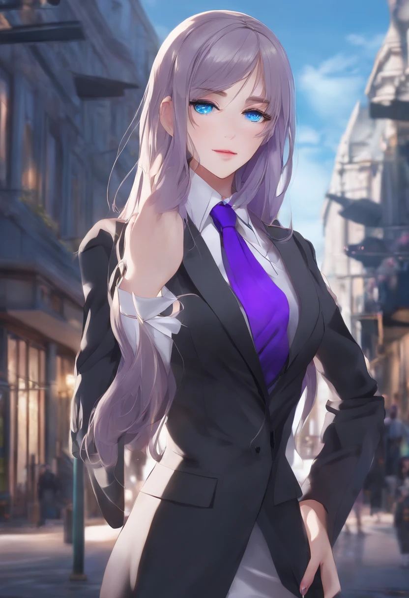 Anime girl standing on city street with long hair and blue eyes, trending in ArtStation Pixiv, purple eyes, blue tie, beautiful (detailed eyes, detailed face,) Ahegao, euladef, noble temperament, high heels, no watermark