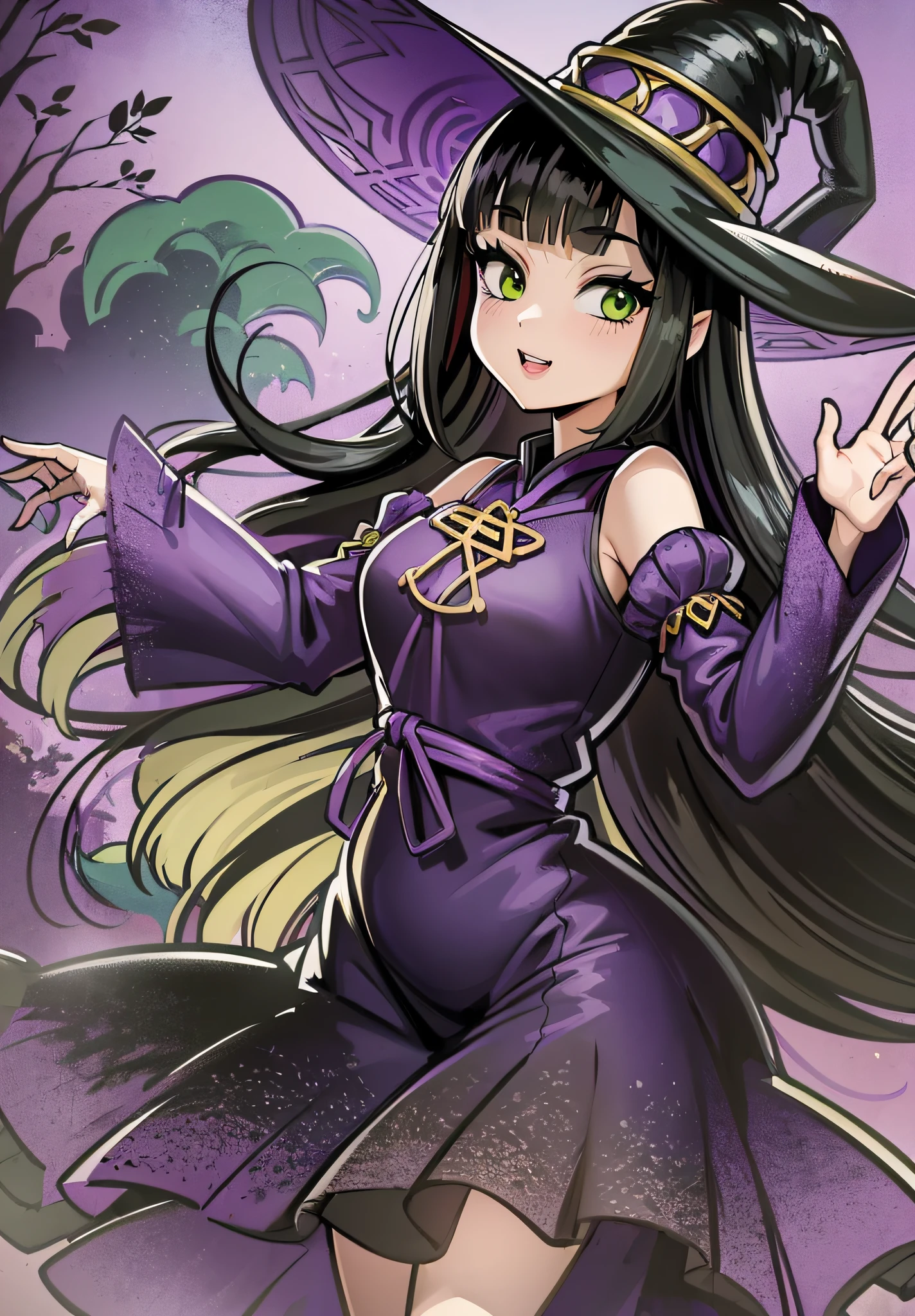 ((Dynamic Angle)), ((独奏)), (black hair), (((princess cut))),(Long hair),  (green eyes), ((witch outfit)), (((smooth))), (witch dress), (purple Dress), (vintage dress), (fantasy themed), (((thick outlines))), (((white outlines))),