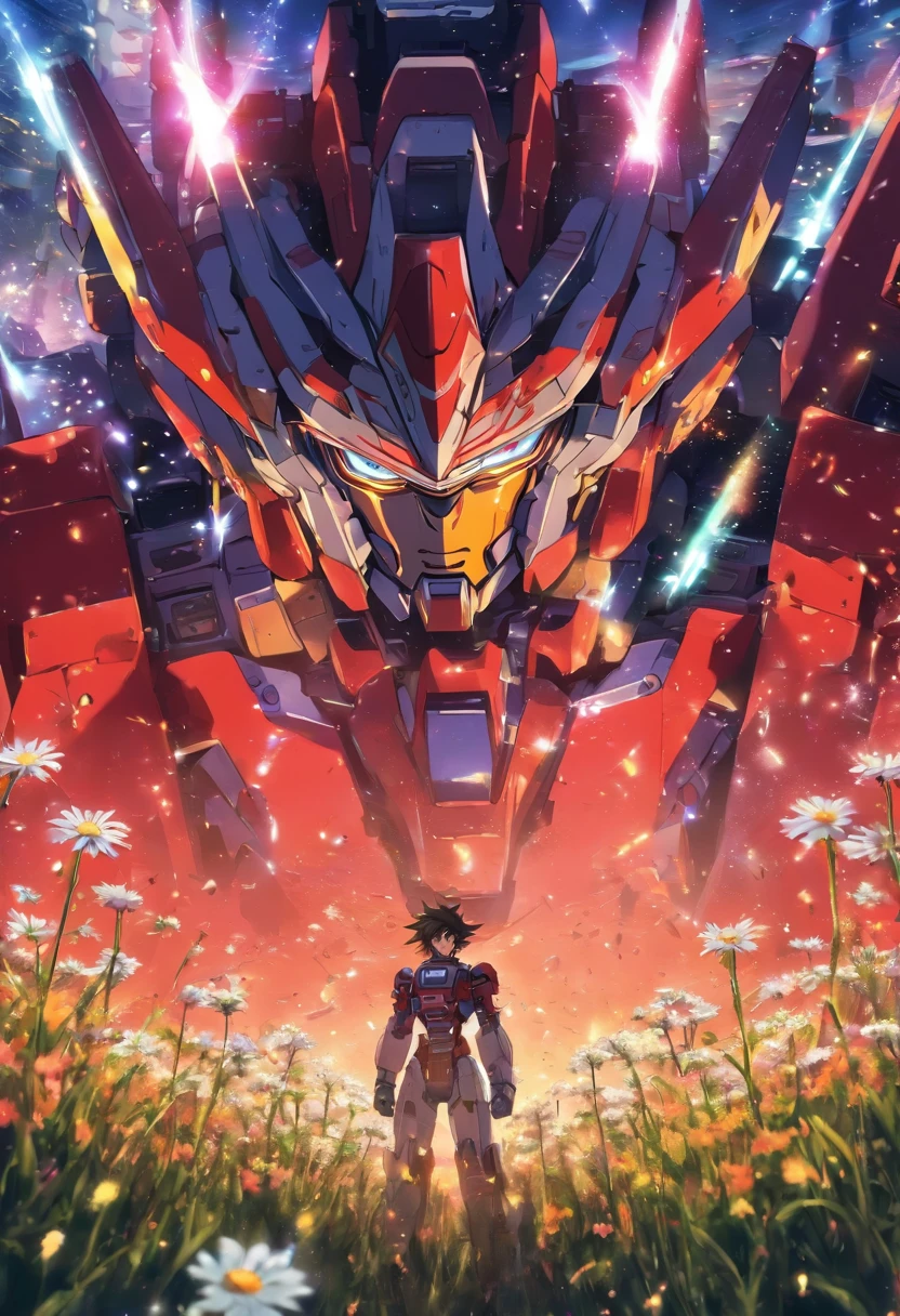 Gainax, Hideaki Anno's rough sketch style, mecha battle, gloomy atmosphere, psychological conflict, image foreground is a field of daisy flowers, close-up on face, tears streaming down the cheeks, the mecha's eyes glowing red in the background