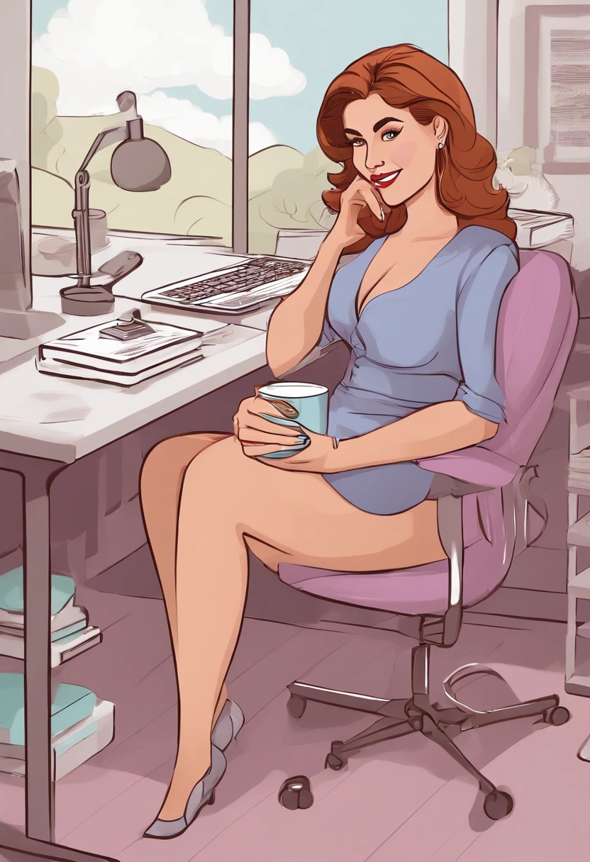Uma mulher gorda, com cabelos loiros e compridos, ela tem olhos marrons, wears a lilac blouse and dark jeans, is smiling, Sitting cross-legged in a white office chair, She's holding a pink mug in one hand and a cell phone in the other hand, The scenery around you is a beautiful office, organizado, com paredes azul Tiffany, persianas brancas, White shelves with various colorful mugs, Got birthday balloons, An office desk with a laptop on top has a gray cat sleeping on the desk, uma impressora ao lado, On the floor is a round white rug and some gift boxes on top