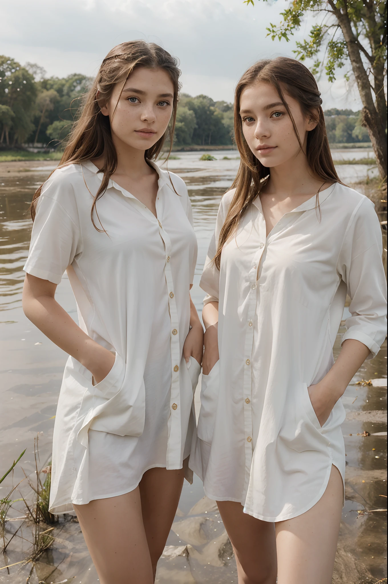 two beautiful 18 year old amazons, standing at the riverbank of a mud lake, hazel hair, freckles, green eyes, curious, chatting together, long white and brown tunics