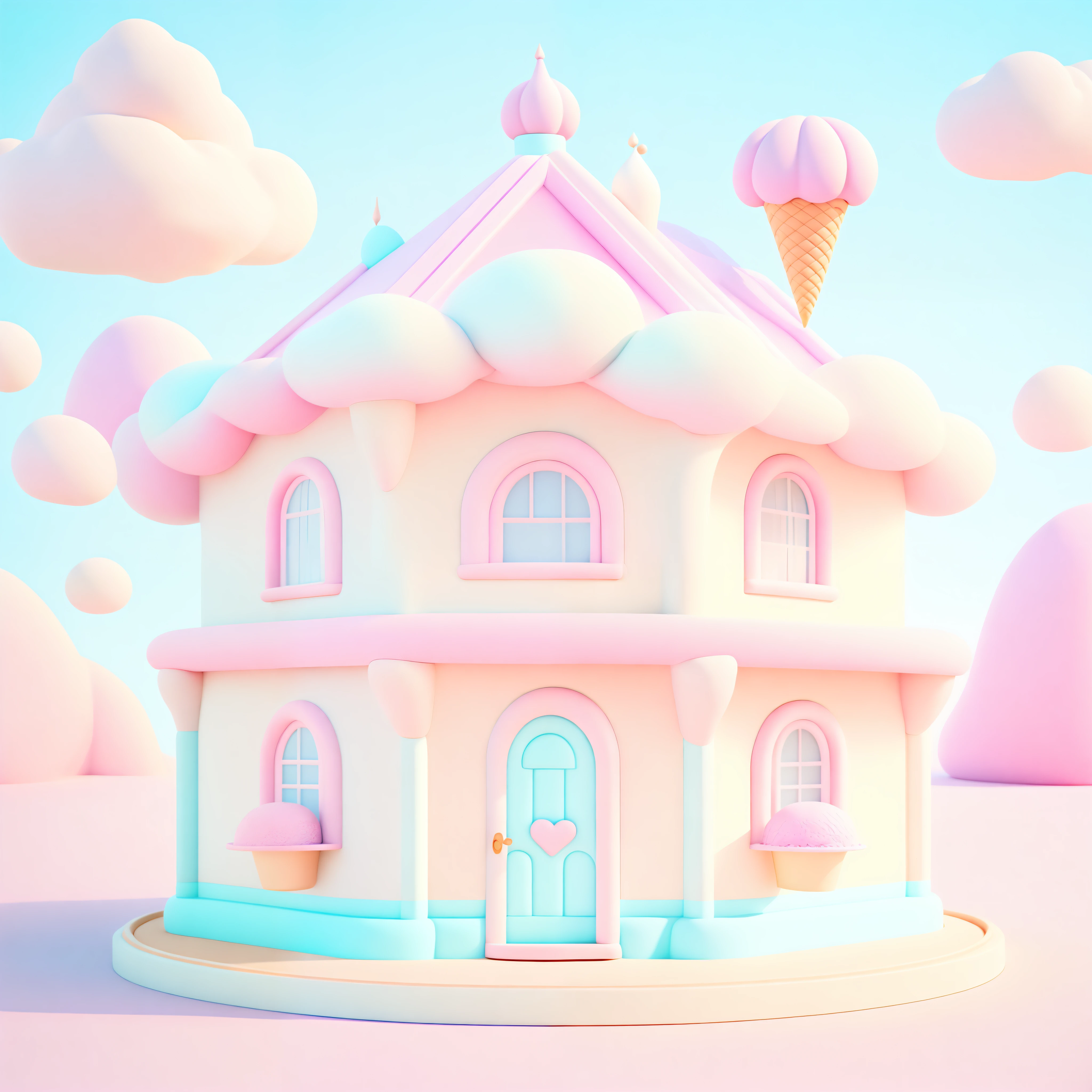 Pastel cartoon style house with ice cream roof