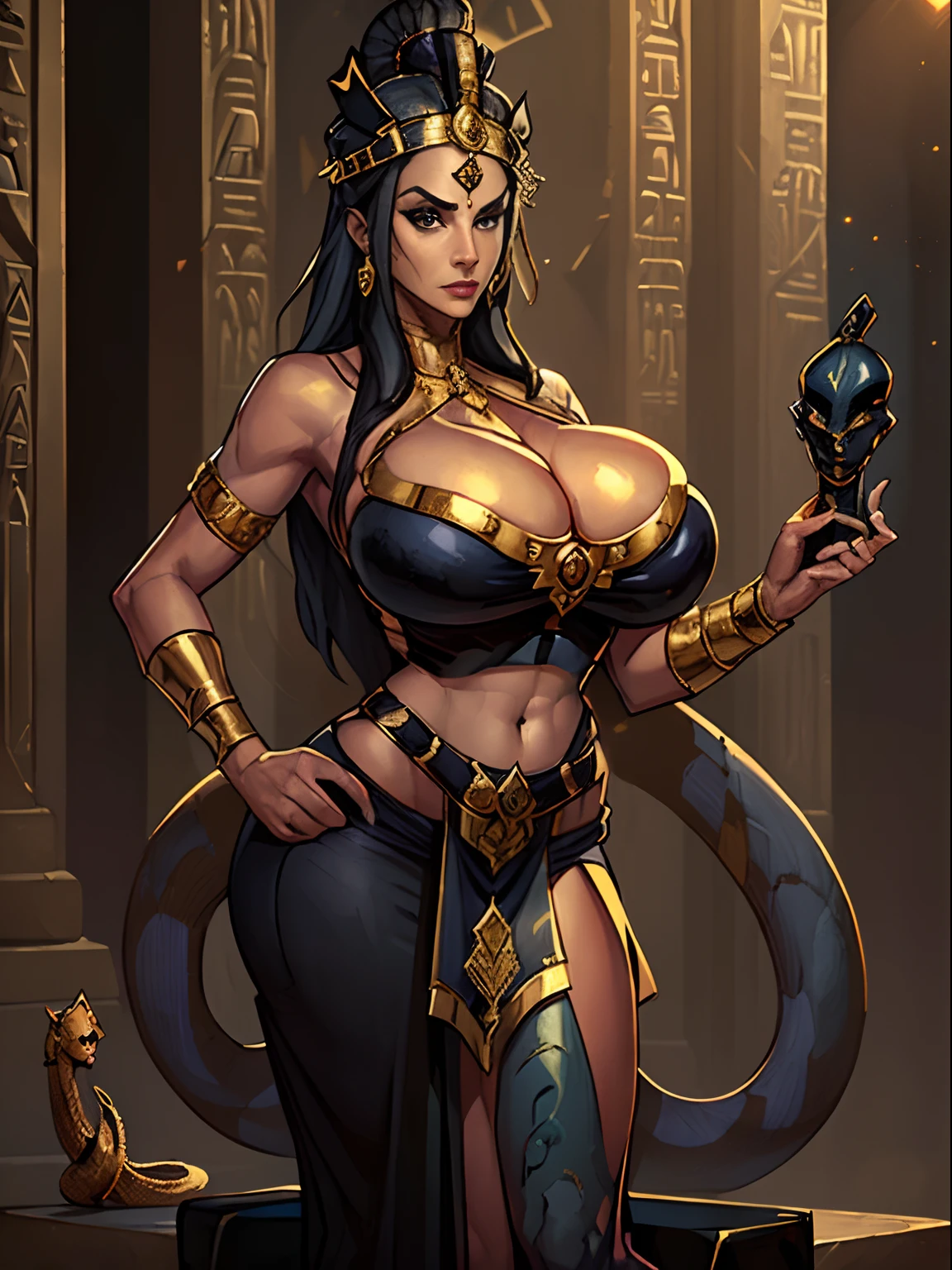 (masterpiece, top quality, best quality, official art, beautiful and aesthetic:1.2), (1girl:1.3), (((((statue of a goddess with a cobra head, black skin, obsidian skin))))), extremely detailed, portrait, looking at viewer, solo, (full body:0.6), detailed background, close up, mischievous eyes, (hot summer Egypt theme:1.1), Egyptian goddess, gold Egyptian mask, gold facemask, (very long neck), pharaoh crown, mummy mask, Persian nose, bold nose, long nose, arched nose, downturned nose, large nose, black stone skin, onyx, charlatan, smirk, mysterious, walking in desert, revealing white and gold Egyptian silks, ((cobra head)), white short skirts, ((draped halter top), criss cross halter top, criss-cross halter top, criss cross straps, criss-cross straps), jewelry, white fabric, gold jewelry, precious stones, dual sickle swords, ((((gigantic breasts, cleavage, skindentation)))), slim waist, slim hips, long legs, ancient (Egyptian temple exterior:1.1) background, dark mysterious lighting, shadows, magical atmosphere, dutch angle,