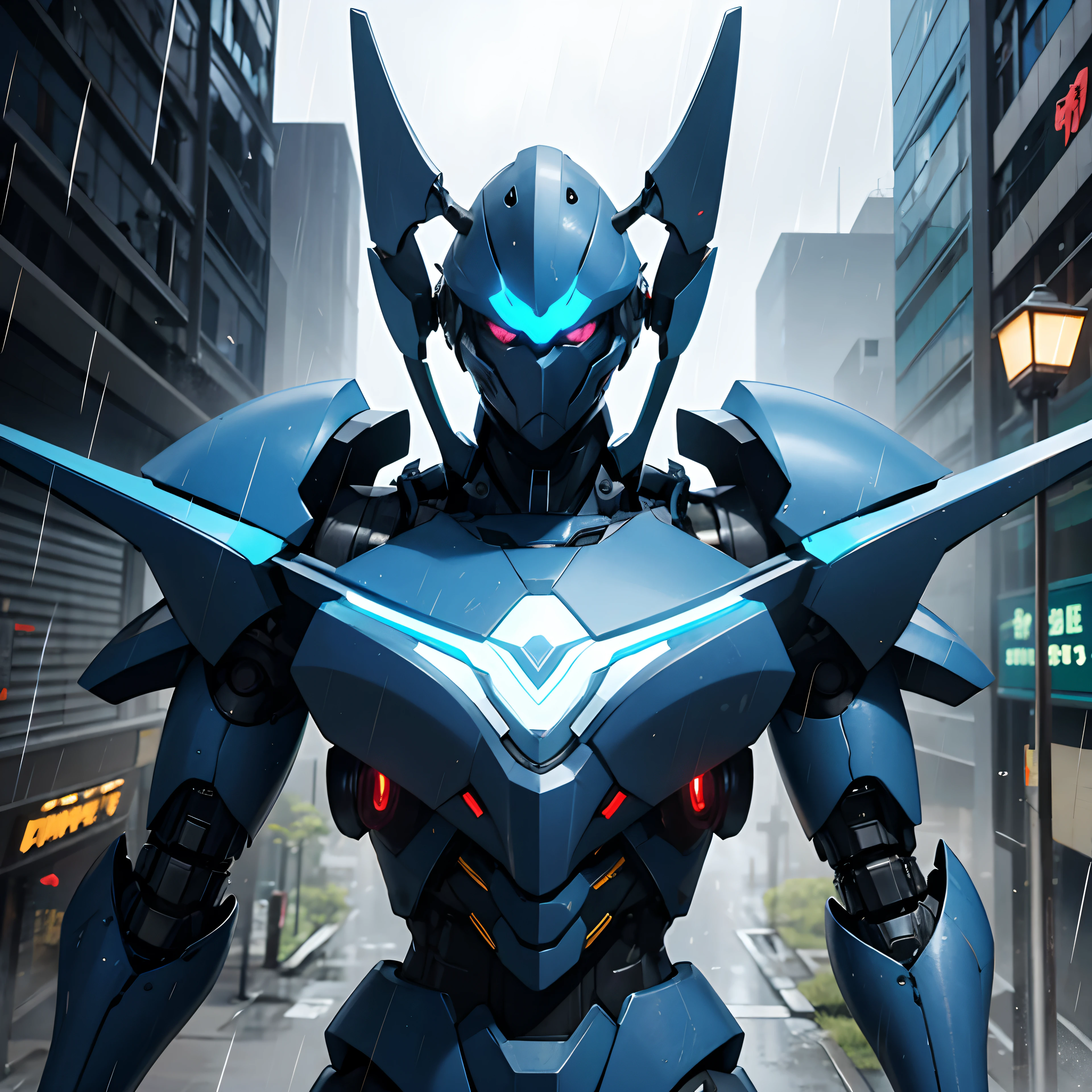 Mantis mecha cyborg, mecha, blue light eyes, city, rain, (upper body:1.2), full iron body