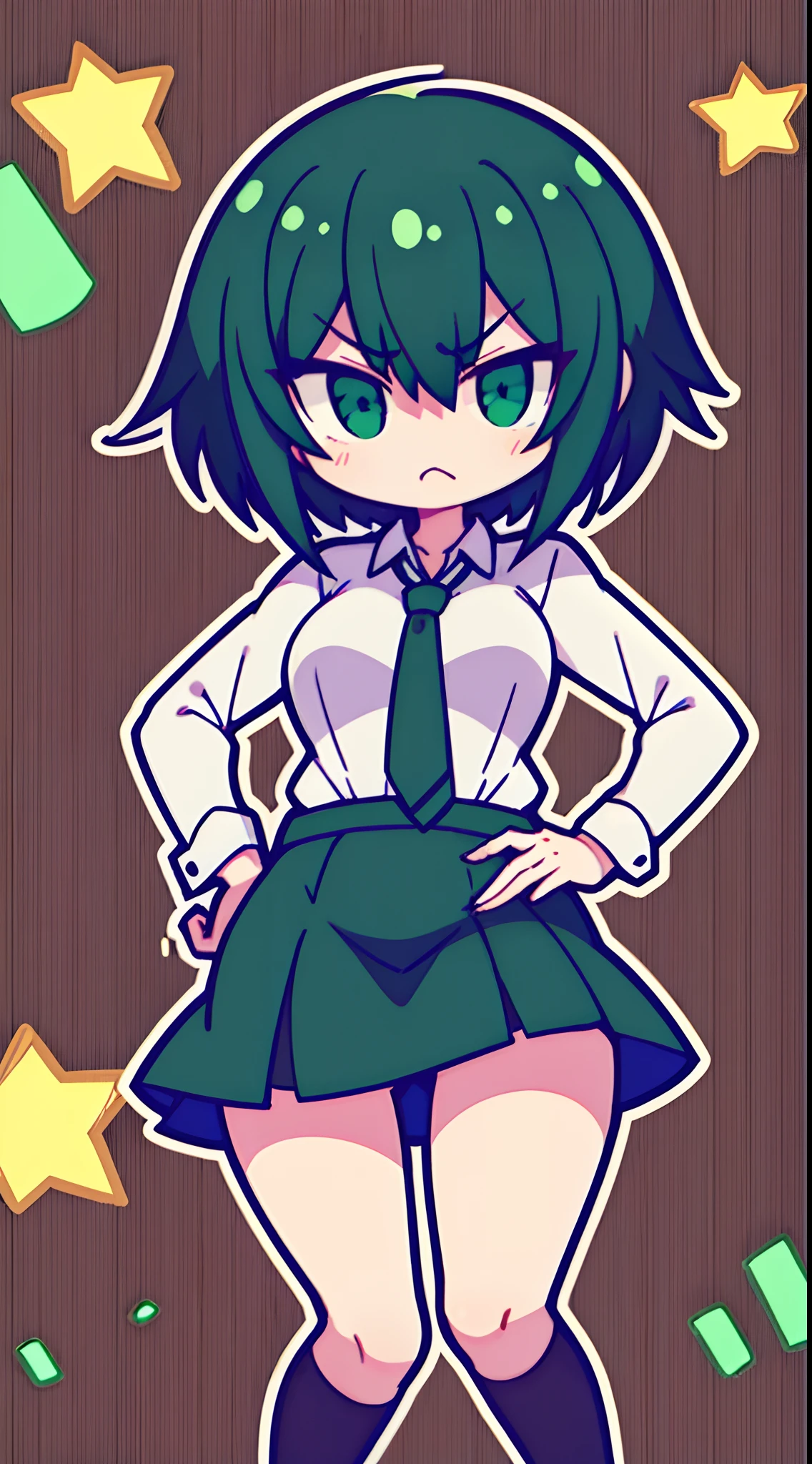 Short green and black haired girl in skirt and formal dress angry