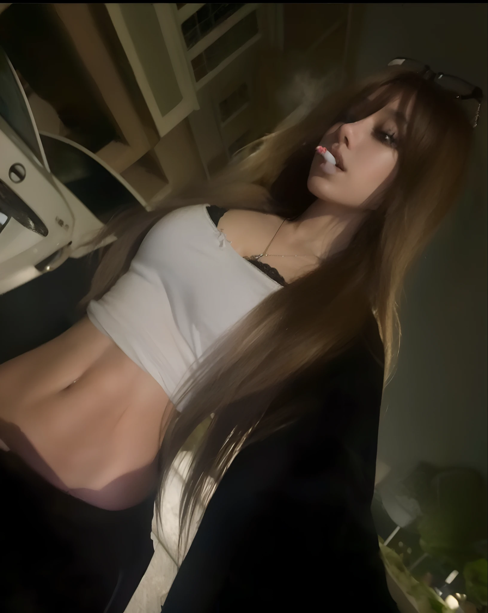 there is a woman with long brown hair and a white shirt, cigarette in her mouth, exposed midriff, sexy navel, deep navel, bra, 8K, Top Quality, Intricate Details, Ultra Detail, Ultra High Resolution, Cinematic, Photorealistic, Perfect, Perfect skin, Perfect face, Perfect body, Masterpiece, Art, Beauty, looking at the ground