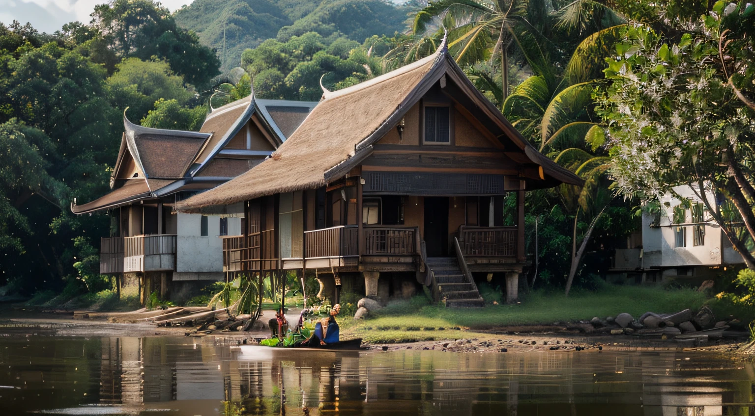 master-piece, beste-Qualit, 8k UHD, DSLR, grain of film, Fujifilm XT3, photorealistic painting art by midjourney and greg rutkowski, (house,Thai Lanna Style), (environment,rice field,trees, coconut tree, village, road, river), (farmer. Masculine, Female, Growing rice)