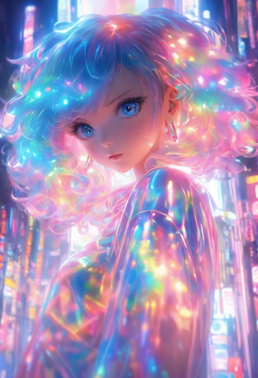 transparent color PVC clothing, transparent color vinyl clothing, prismatic, holographic, chromatic aberration, fashion illustration, masterpiece, girl with harajuku fashion, looking at viewer, 8k, ultra detailed, pixiv
