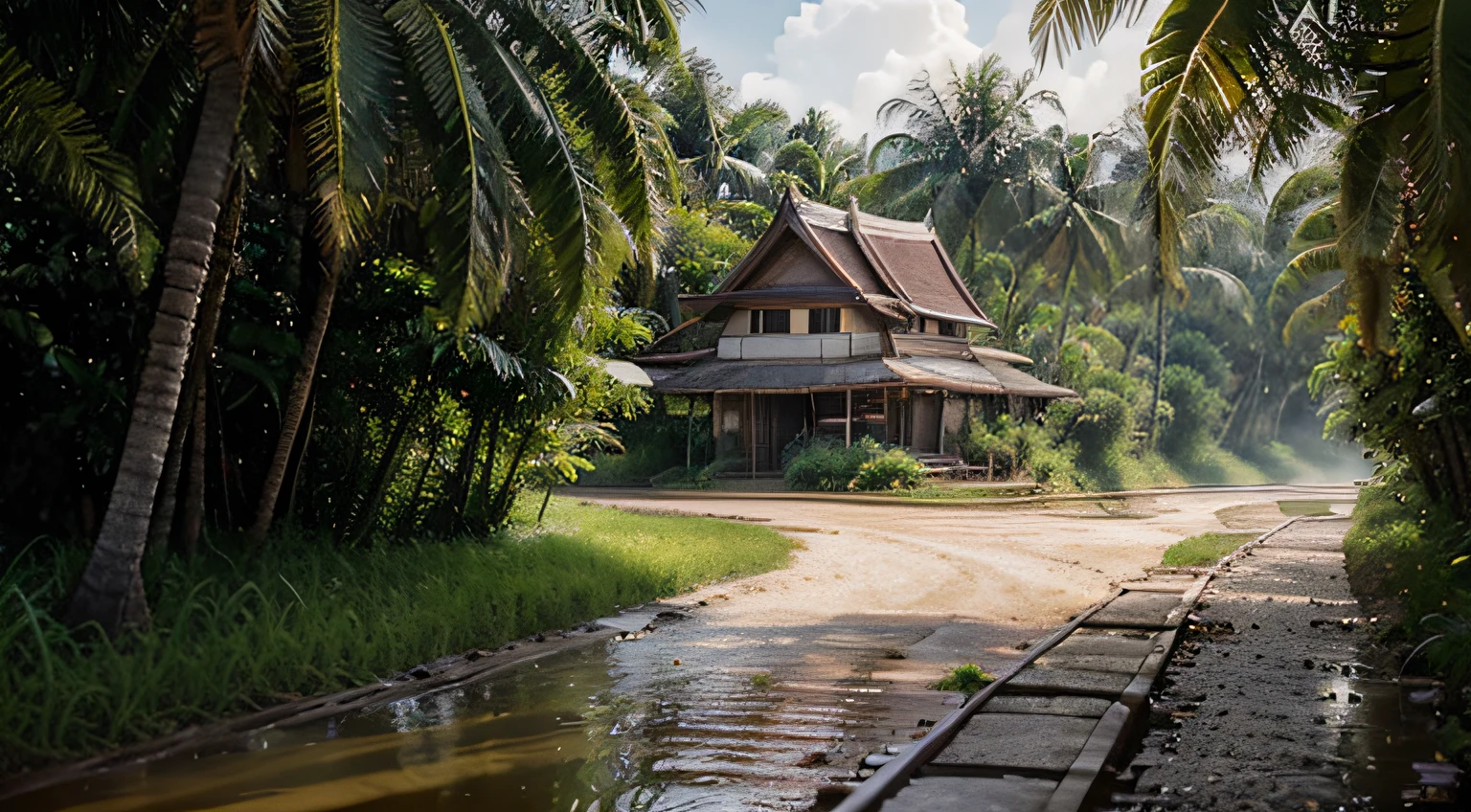 master-piece, beste-Qualit, 8k UHD, DSLR, grain of film, Fujifilm XT3, photorealistic painting art by midjourney and greg rutkowski, (house,Thai Lanna Style), (environment,rice field,trees, coconut tree, village, road, river), (farmer. Masculine, Female, Growing rice)