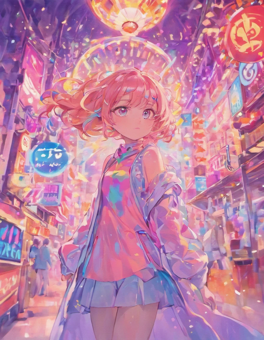 transparent color PVC clothing, transparent color vinyl clothing, prismatic, holographic, chromatic aberration, fashion illustration, masterpiece, girl with harajuku fashion, looking at viewer, 8k, ultra detailed, pixiv