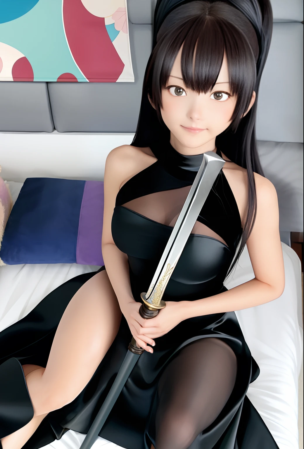 anime girl in a black dress sitting on a bed with a sword