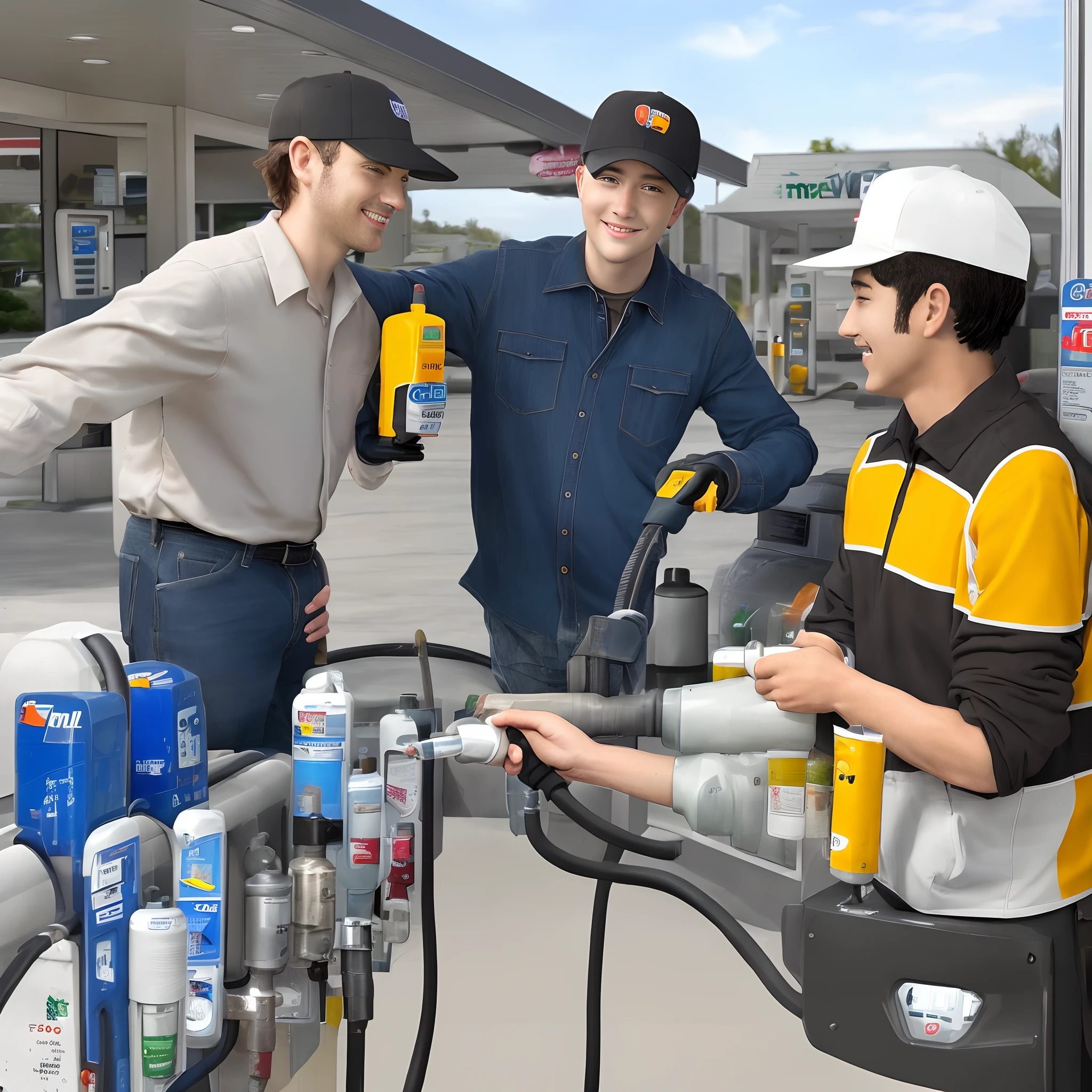 I want you to draw a truck filling up fuel at a very modern gas station