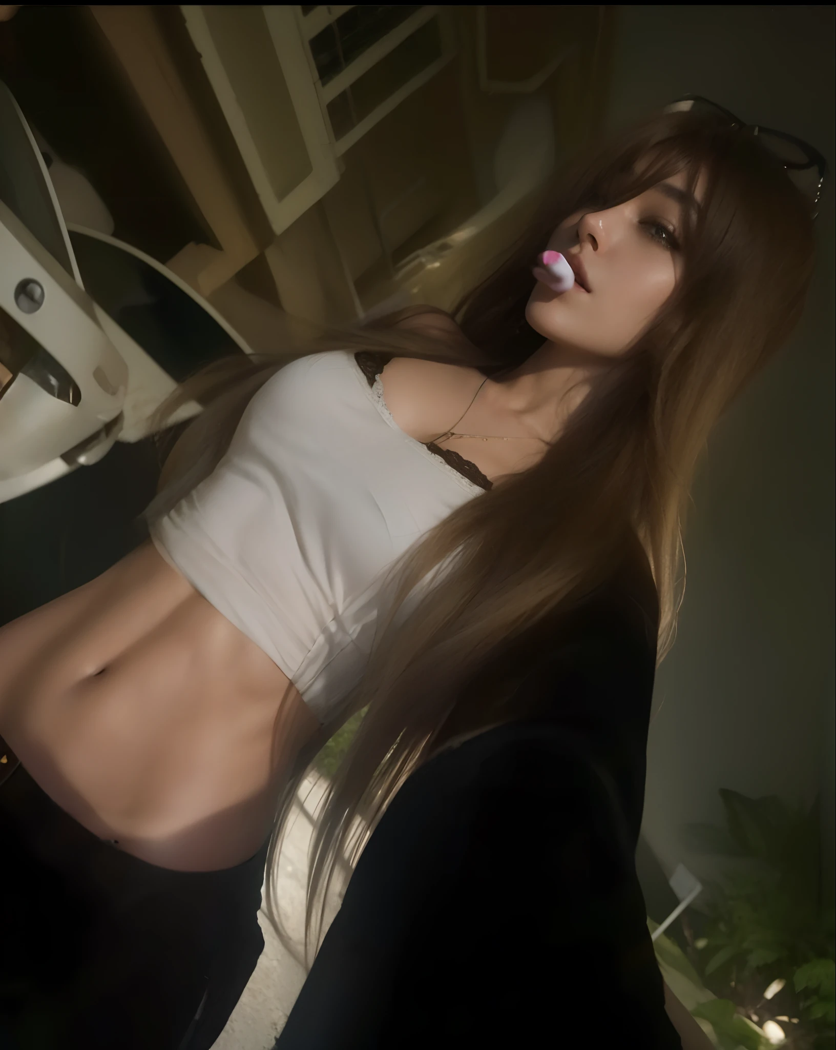 there is a woman with long brown hair and a white shirt, cigarette in her mouth, exposed midriff, sexy navel, deep navel, bra, 8K, Top Quality, Intricate Details, Ultra Detail, Ultra High Resolution, Cinematic, Photorealistic, Perfect, Perfect skin, Perfect face, Perfect body, Masterpiece, Art, Beauty, looking at the ground