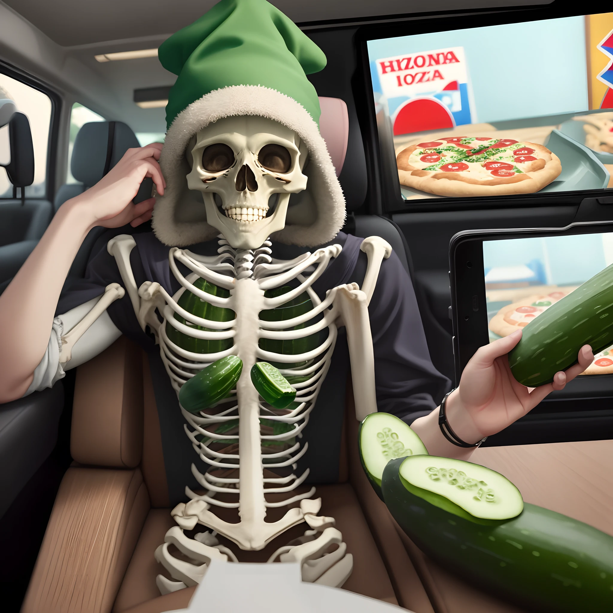 CCTV footage of a skeleton wearing a green wizard hat with a cucumber crawling out of a honda civic inside a dominos pizza restaurant