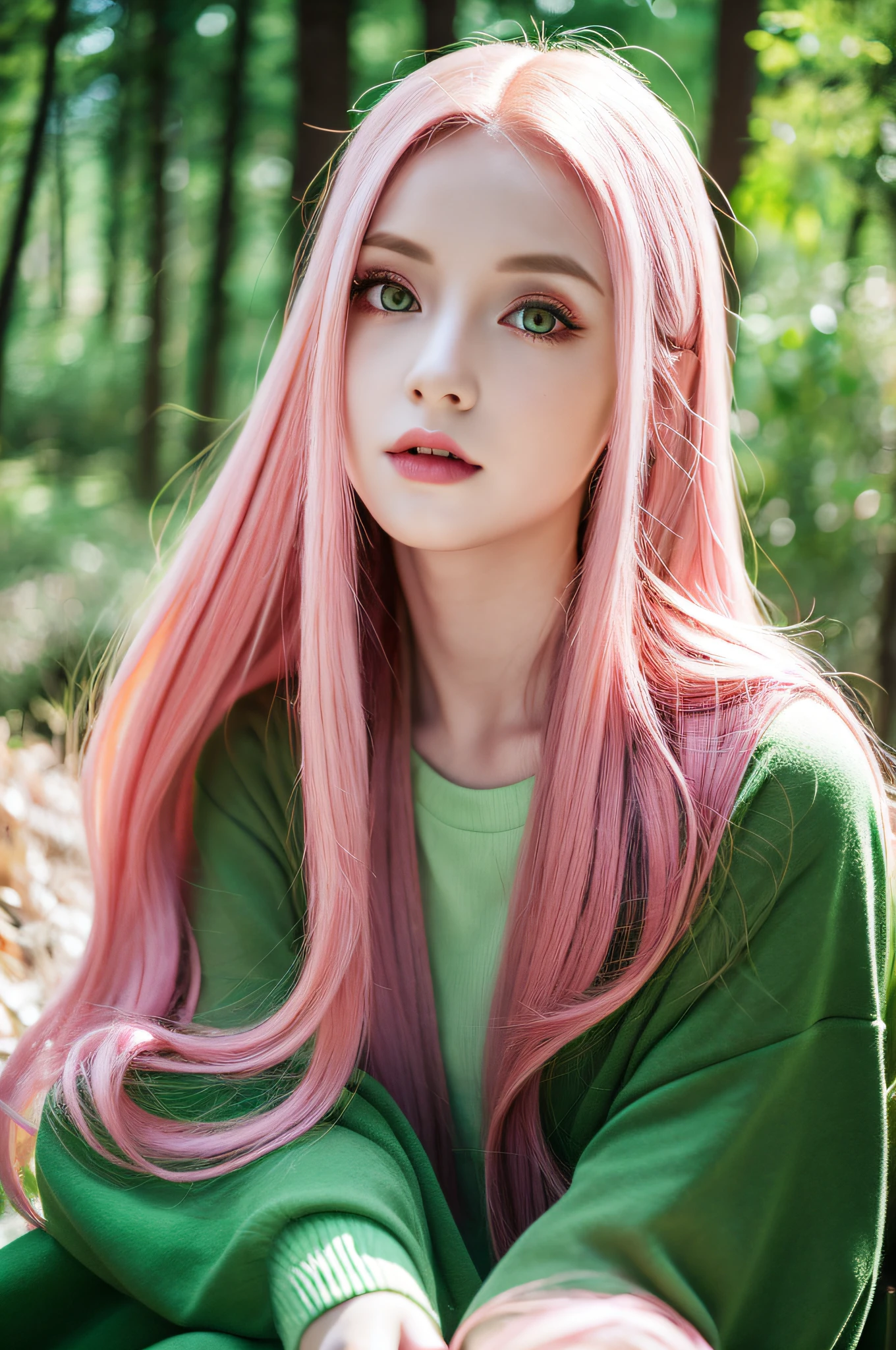 young woman, long pink hair, wide forehead, thin pink eyebrows, pale skin, jade green eyes, pink lips, red and green clothes, sakura, vampire, red slug, 3d, naruto, dark forest