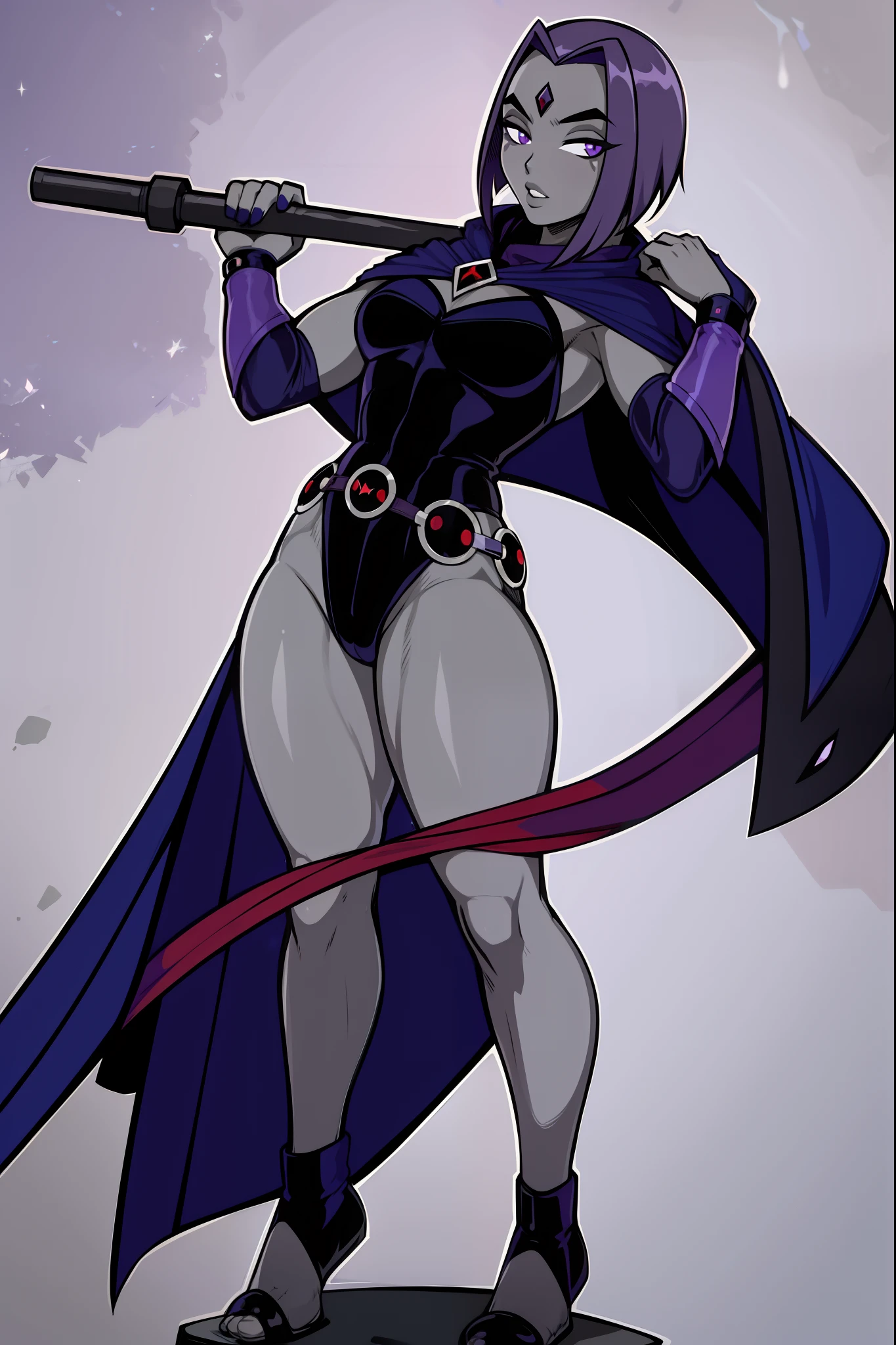 (holding pole:1.4),ShadRaven,lips,black leotard,belt,blue cloak,grey skin,blue cape,purple hair,red forehead jewel,belt,raven \(dc\),(standing ,1.2), RavenTT, short hair, purple eyes, red jewel in forehead, (grey skin:1.4), full body, feet,