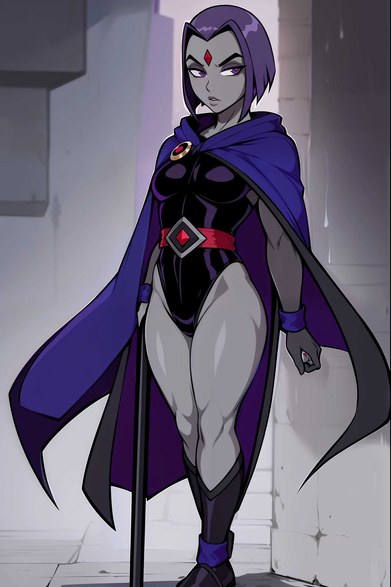 (holding pole:1.4),ShadRaven,lips,black leotard,belt,blue cloak,grey skin,blue cape,purple hair,red forehead jewel,belt,raven \(dc\),(standing ,1.2), RavenTT, short hair, purple eyes, red jewel in forehead, (grey skin:1.4), full body, feet,