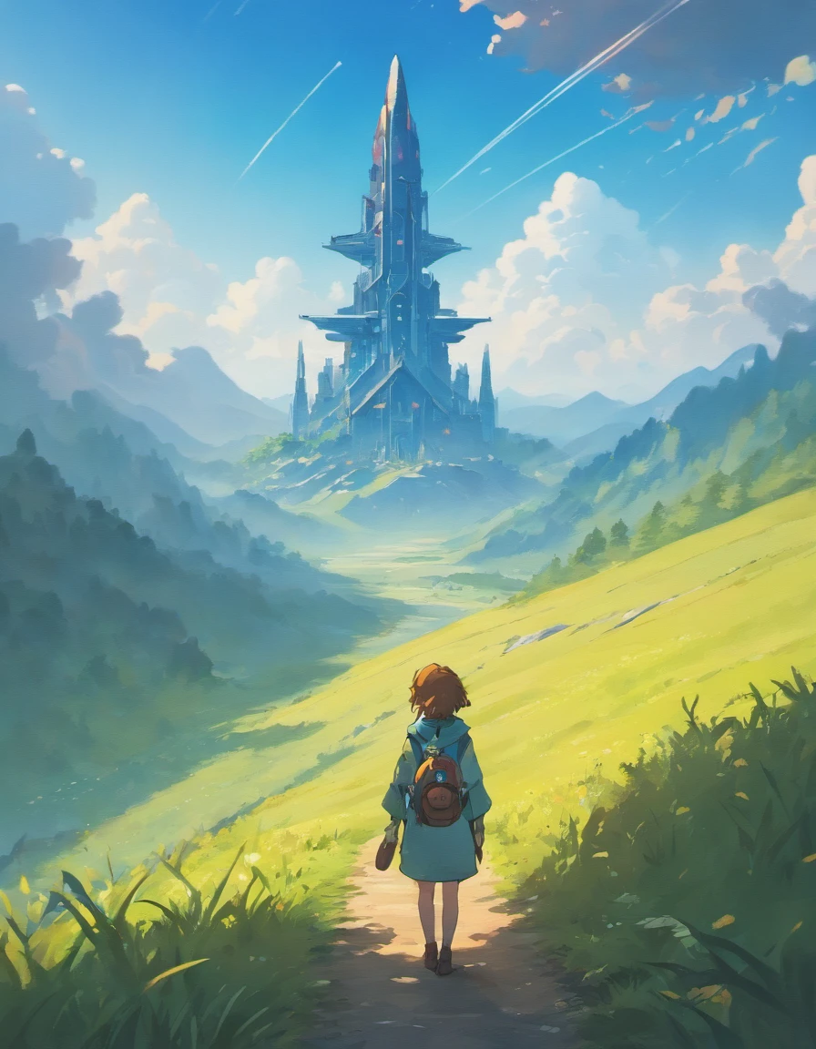 the hidden path across the sky, mountain enviroment, high, gigantic temple in the far distance, HIGH ABOVE THE CLOUDS, overgrown cliffs, anime concept art, studio ghibli, lofi style, concept art, detailed, mysterious, blue skies, wandering nomand, epic clouds, clean, epic size , high quality, detailed, 4k, a scifi nomad walking towards a mysterious, the day before you came, I was broken from a young age Taking my sulking to the masses Writing my poems for the few. NO MANS SKY style, no mans sky, beau lamb, NMS