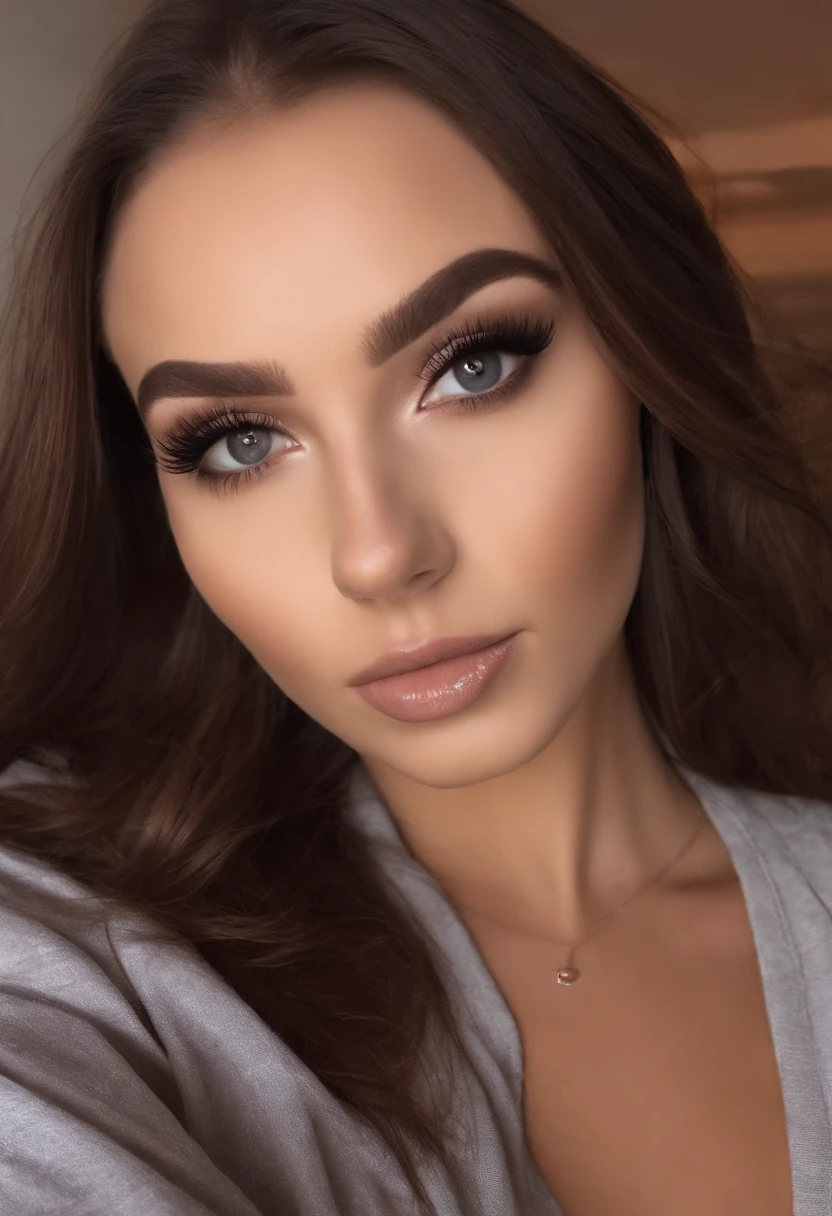 arafed woman with matching t-shirt and panties, sexy girl with brown eyes, portrait sophie mudd, brown hair and large eyes, selfie of a young woman, bedroom eyes, violet myers, with makeup, natural makeup, looking directly at the camera, face with artgram, subtle makeup, stunning full body shot, in mercedes S Class with red leather seats, cleavage