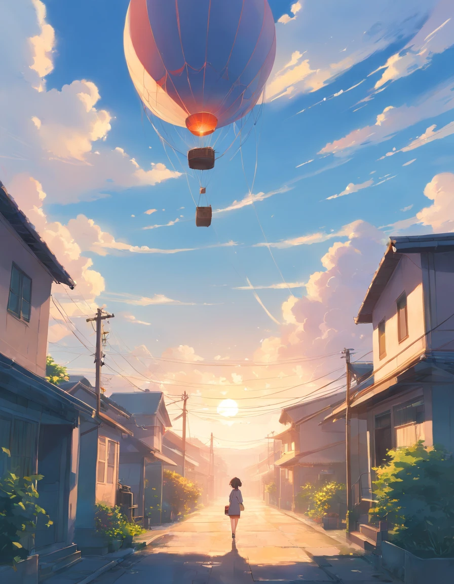 Messy painting, brushstrokes, landscape, no people, minimalist, Foggy neutral tones, compelling composition, hot air balloon In the sky