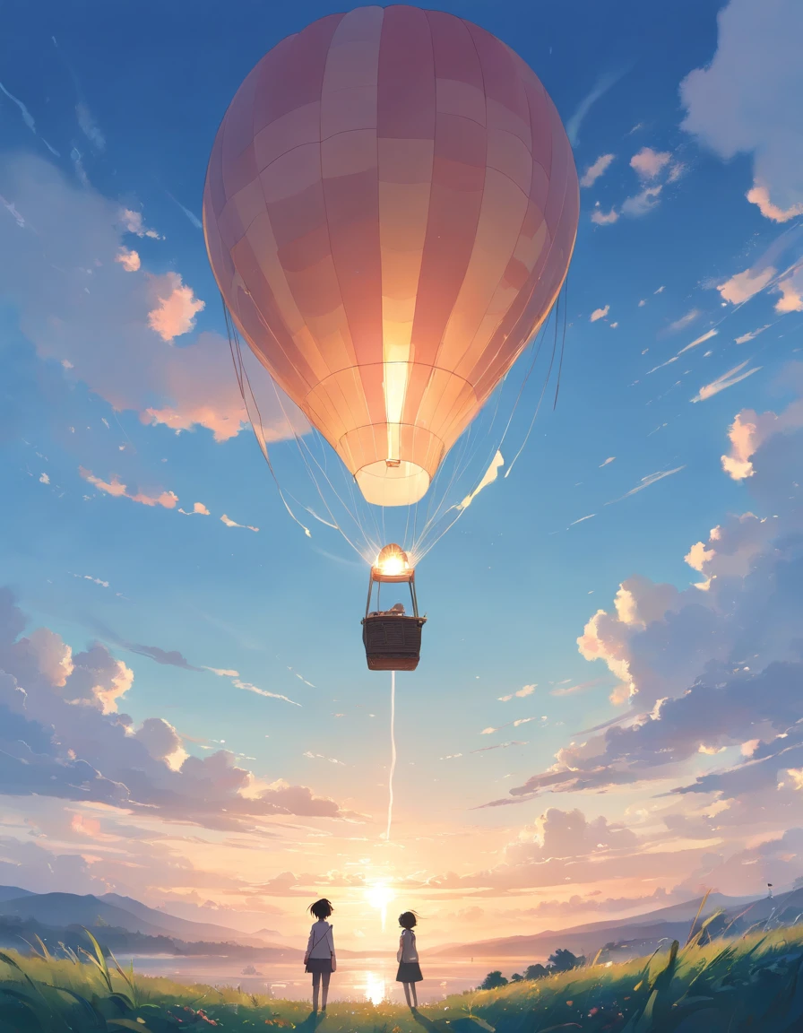 Messy painting, brushstrokes, landscape, no people, minimalist, Foggy neutral tones, compelling composition, hot air balloon In the sky