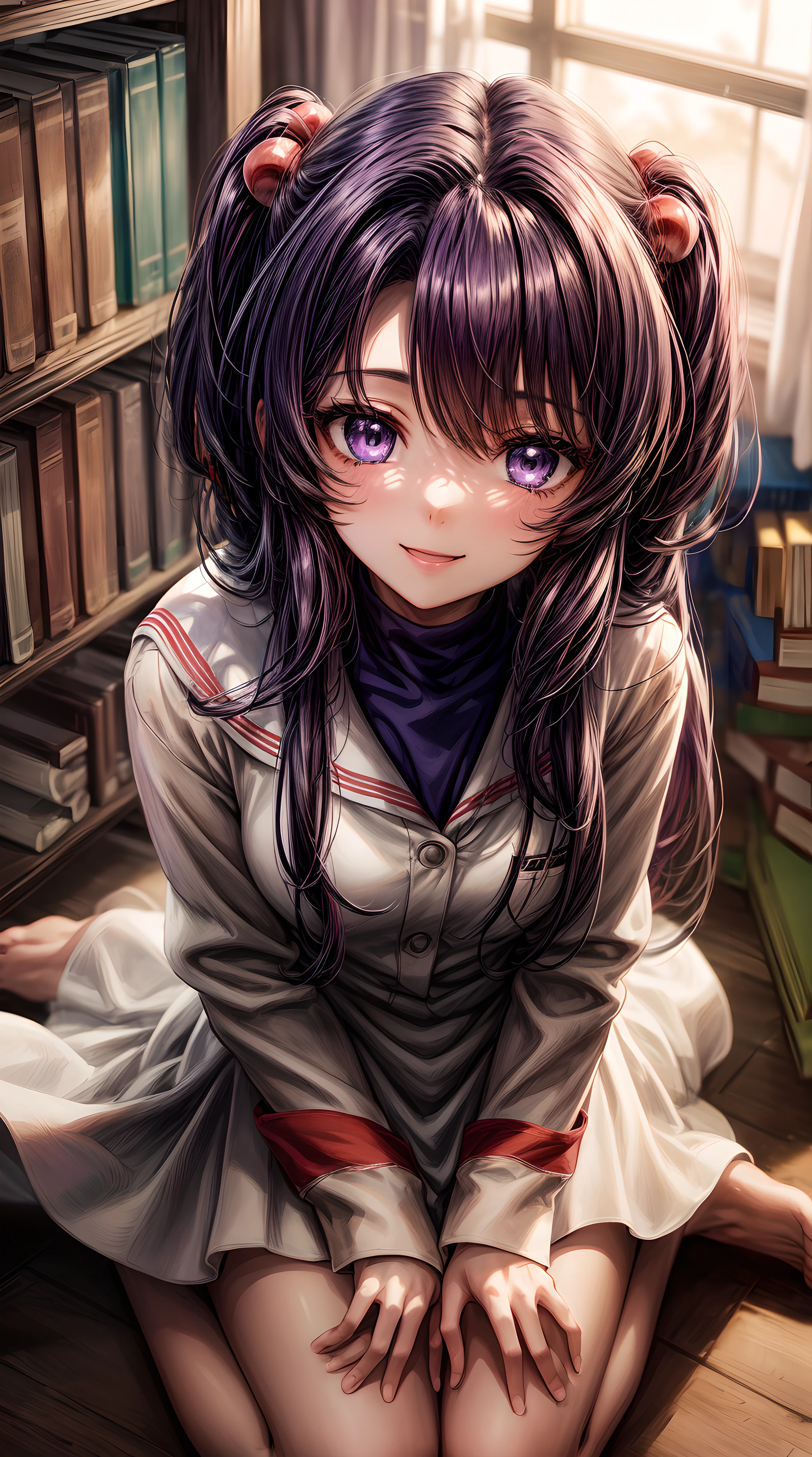anime art, (masterpiece, best quality, perfect face, highest detailed face, colorful), 1girl. (((Kotomi))), face focus, full body, (((white dress:1.3))), purple hair, purple eyes, slight smile, beautiful eyes, looking at viewer, library at background, sunlight passing through hair, (extreme detailed, intricate details, cozy light)