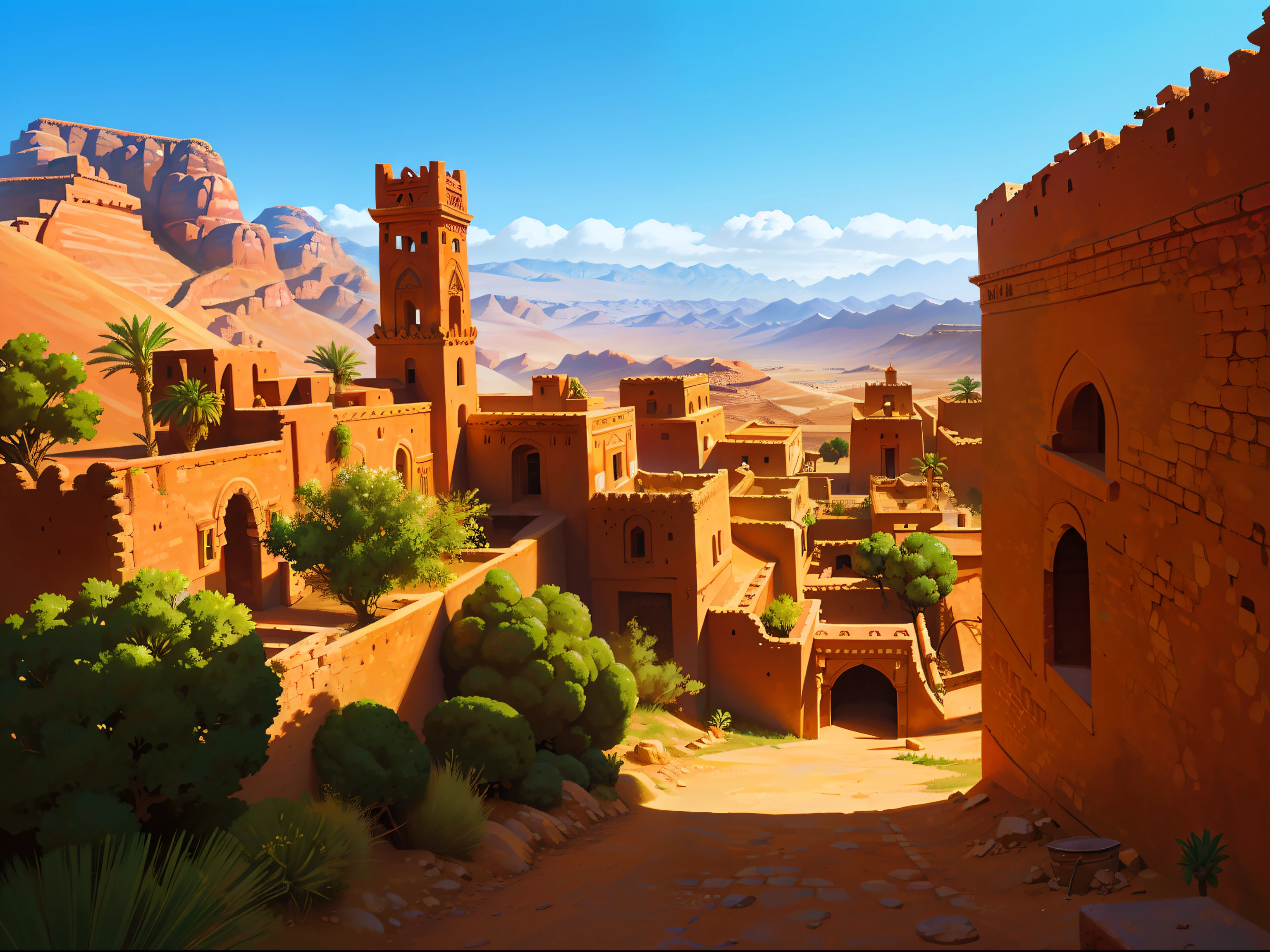 "Capture the breathtaking beauty of an ancient Moroccan town nestled in the Atlas Mountains, under a clear and sunny sky. Feel the gentle breeze rustling through the trees. Ouarzazate, Morocco, Sahara."